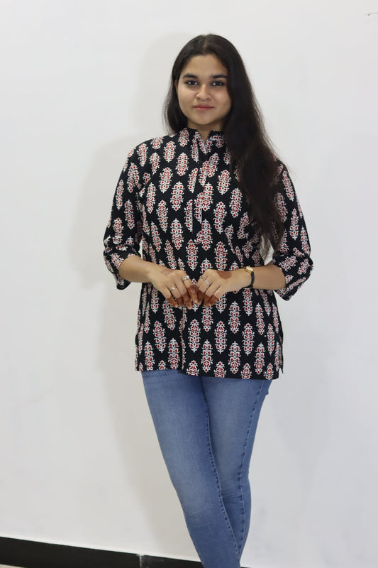 Black batik print pure cotton jaipuri top for women