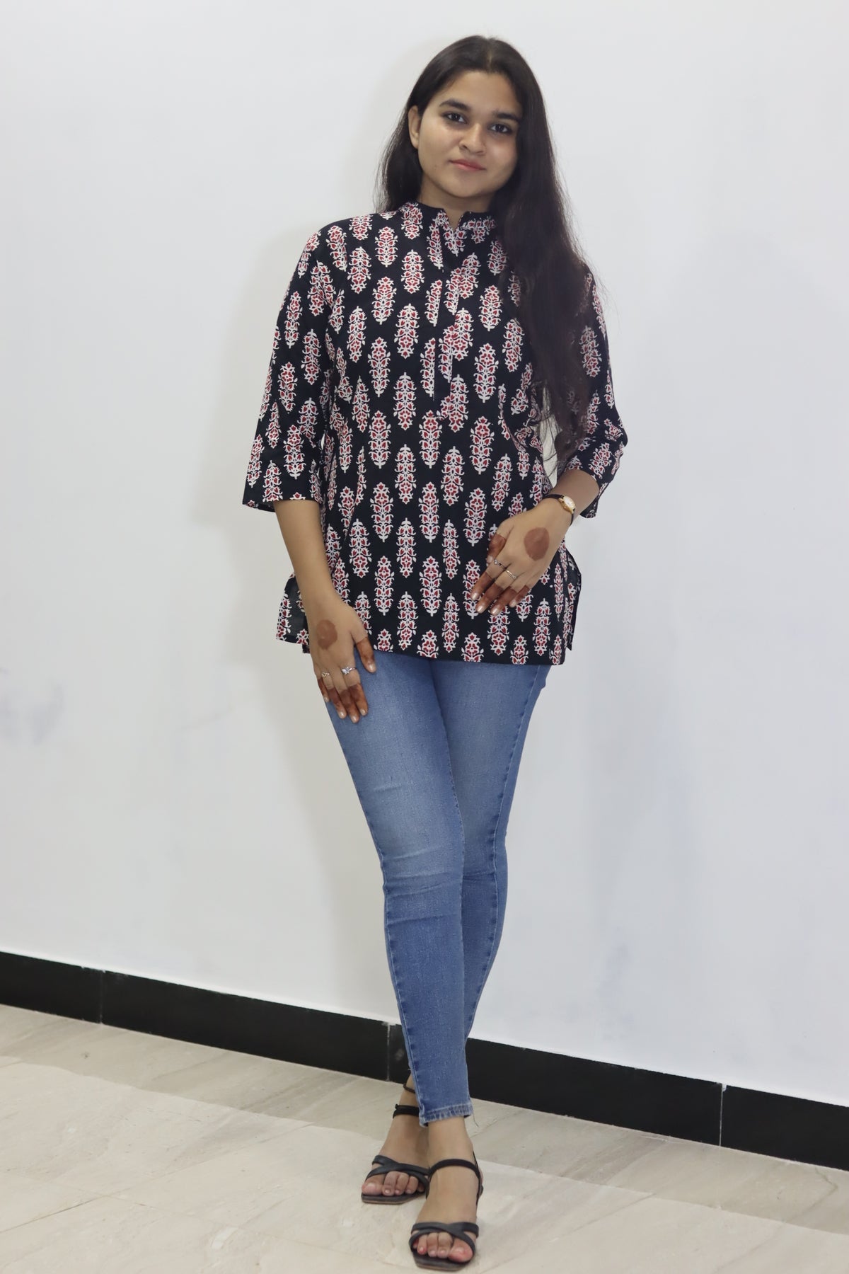 Black batik print pure cotton jaipuri top for women