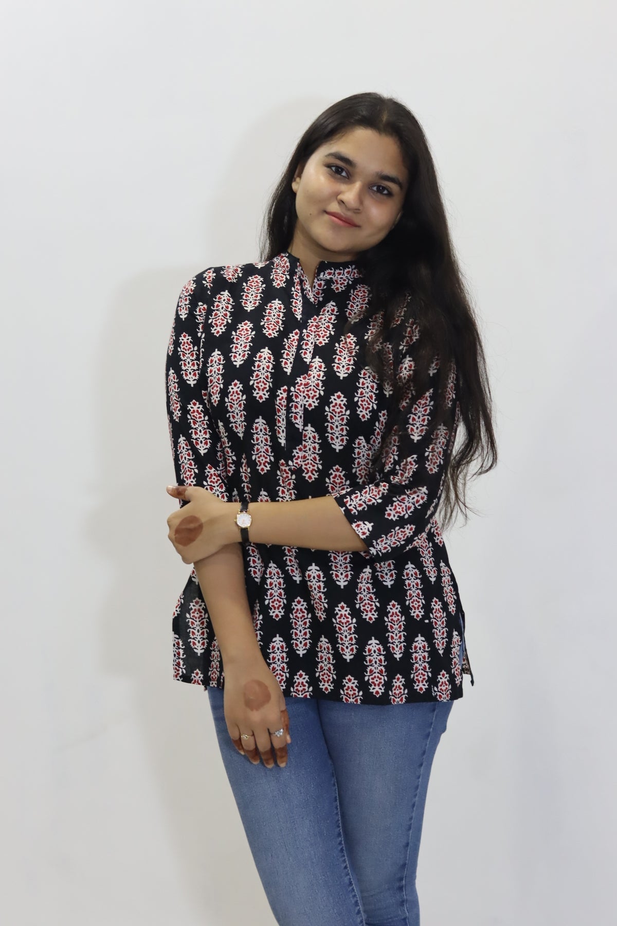 Black batik print pure cotton jaipuri top for women
