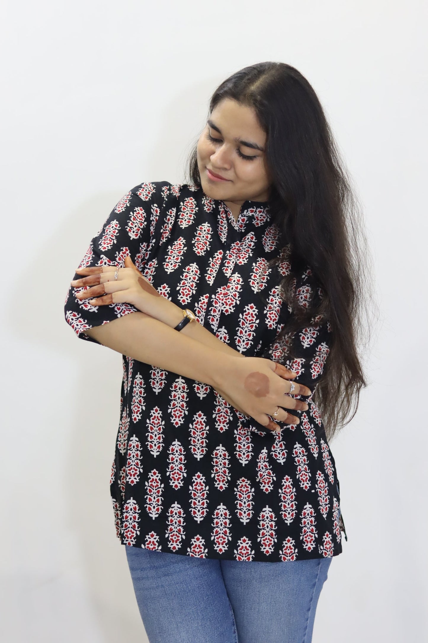 Black batik print pure cotton jaipuri top for women