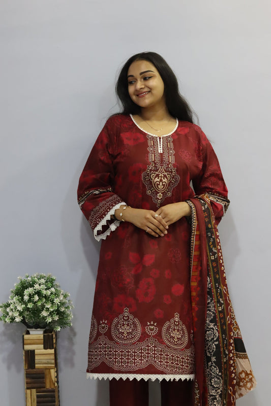 Maroon Digital printed cotton kurta pant dupatta set