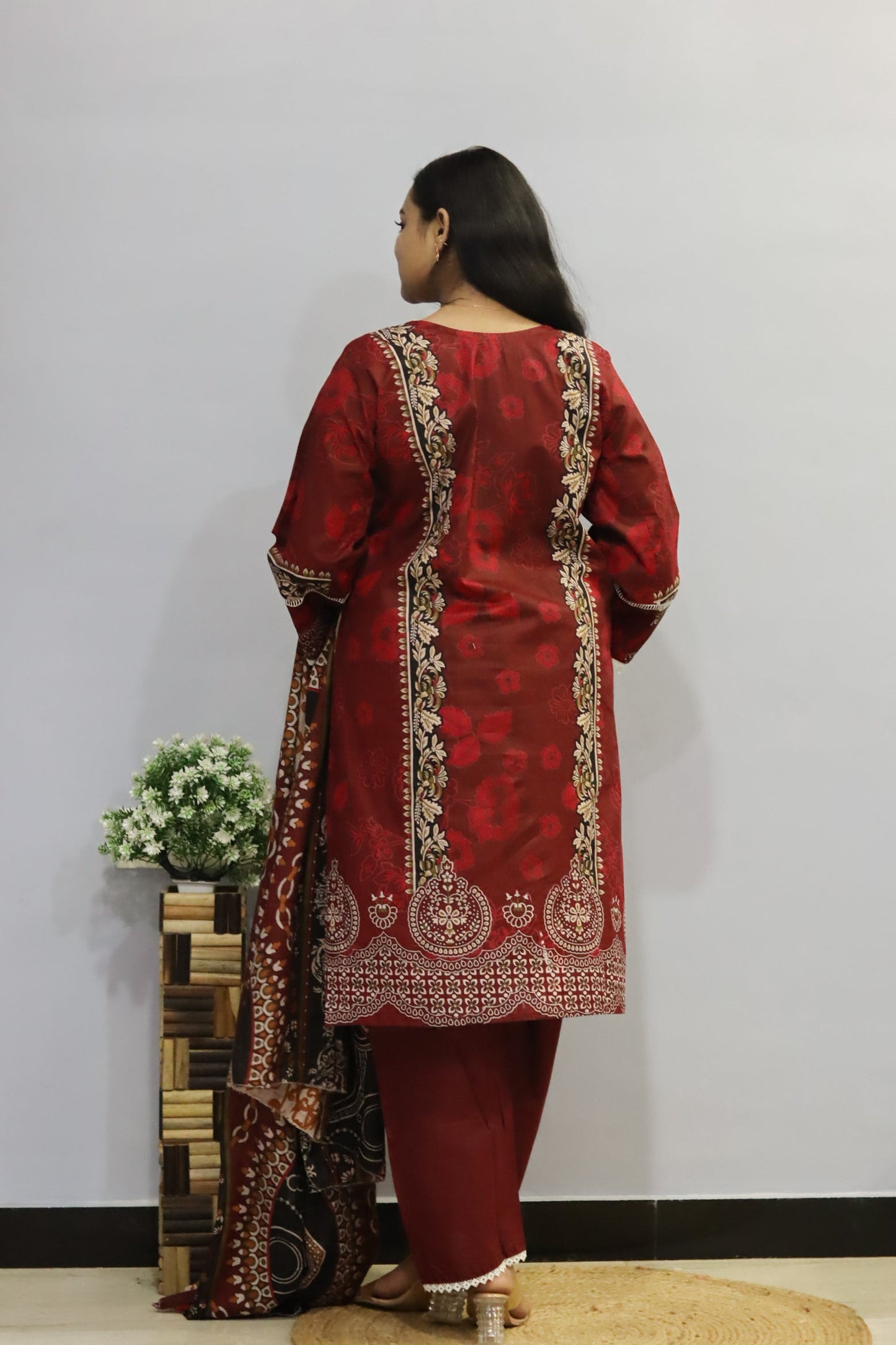 Maroon Digital printed cotton kurta pant dupatta set