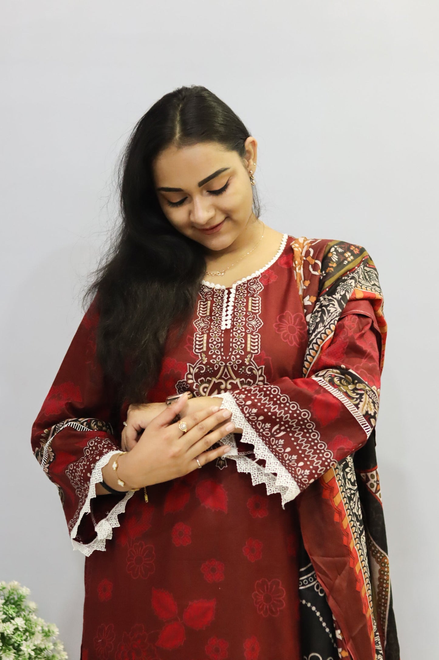 Maroon Digital printed cotton kurta pant dupatta set