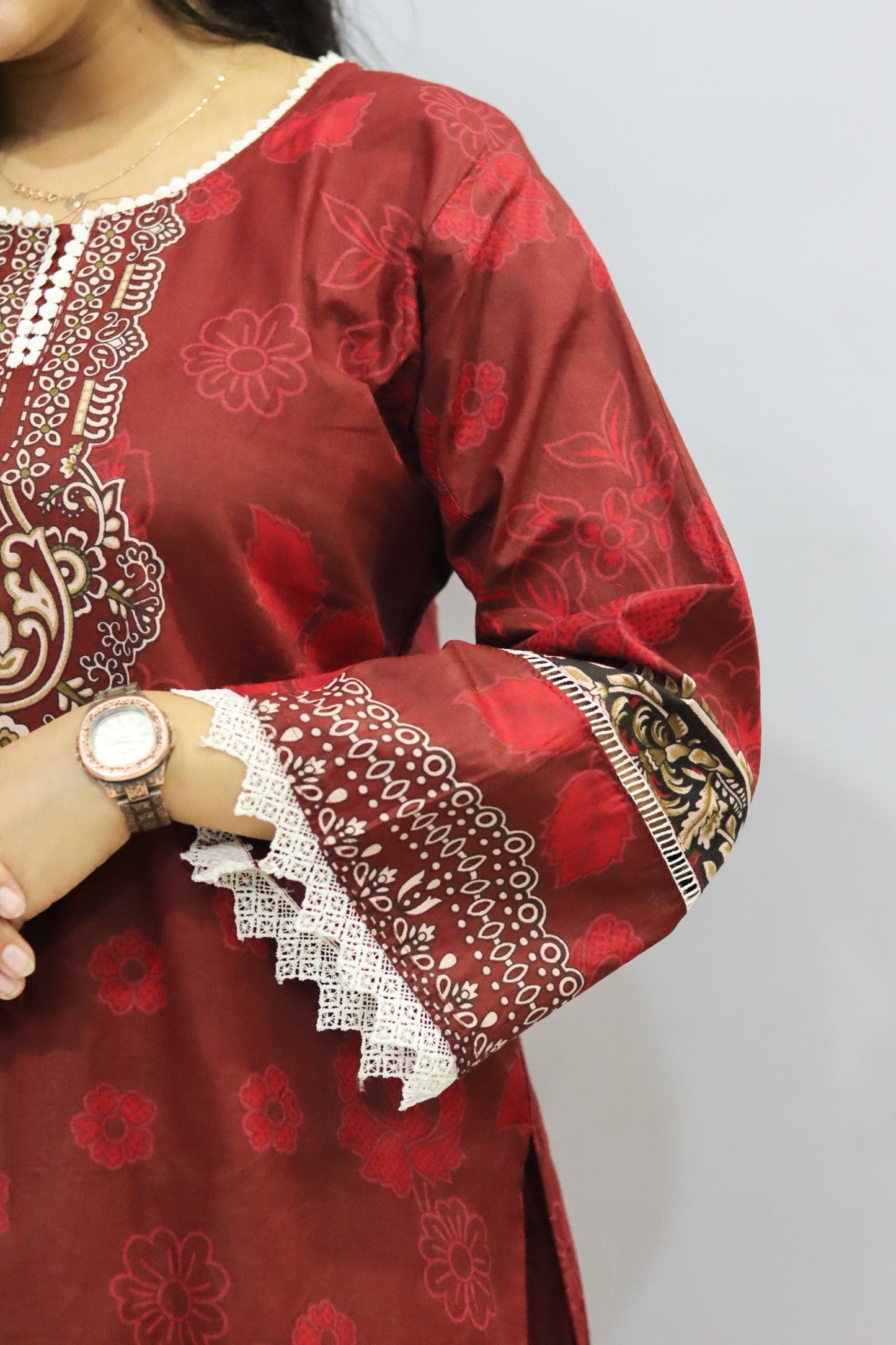 Maroon Digital printed cotton kurta pant dupatta set