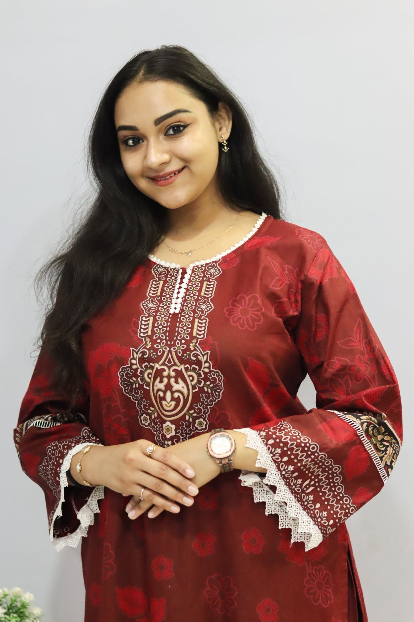 Maroon Digital printed cotton kurta pant dupatta set