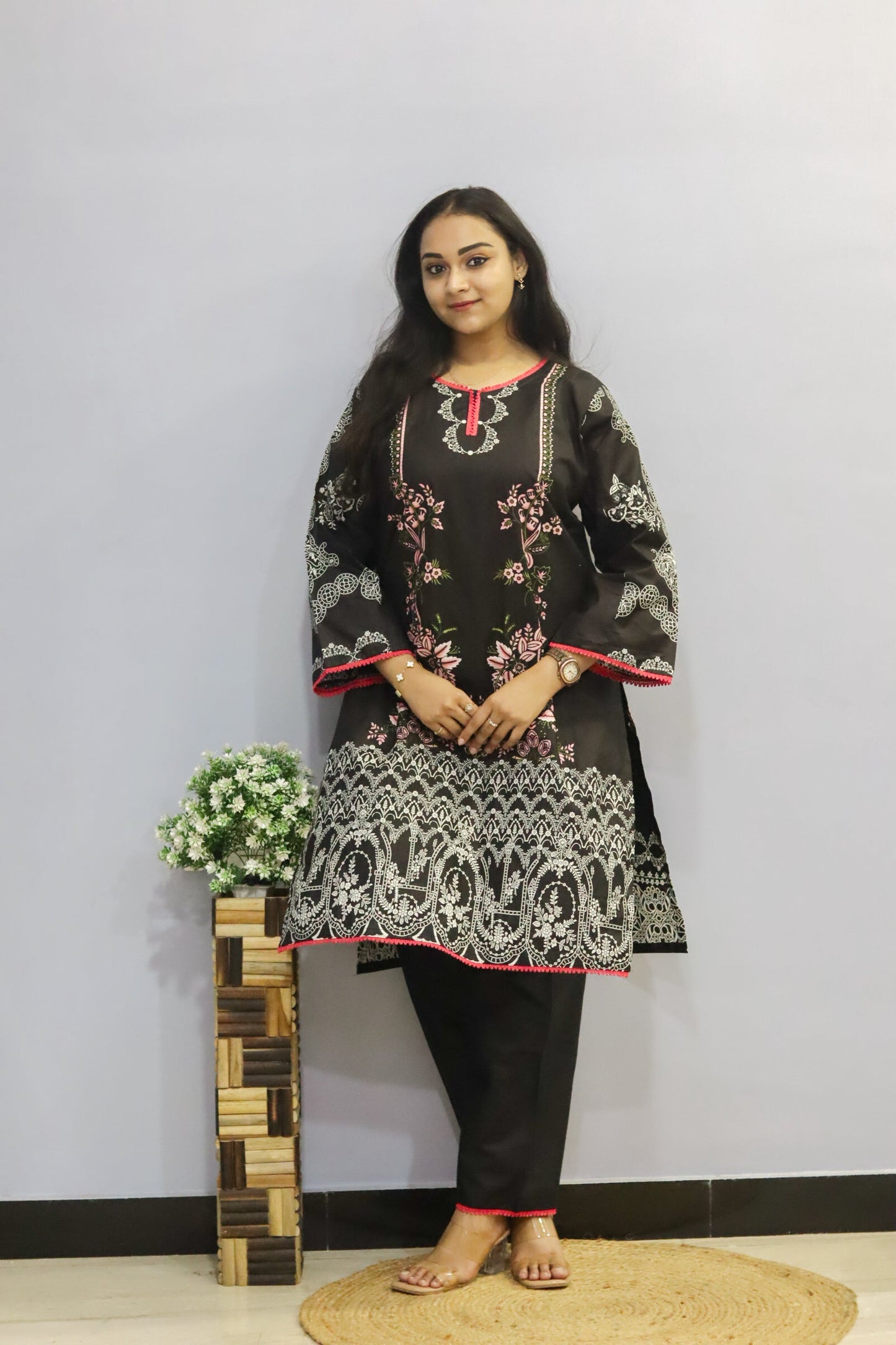 Black Digital Print Lawn Cotton Kurti Pant Dupatta Set