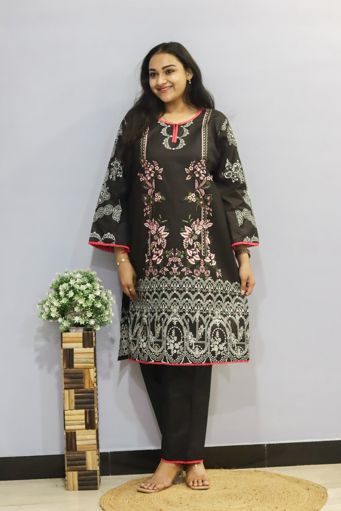 Black Digital Print Lawn Cotton Kurti Pant Dupatta Set