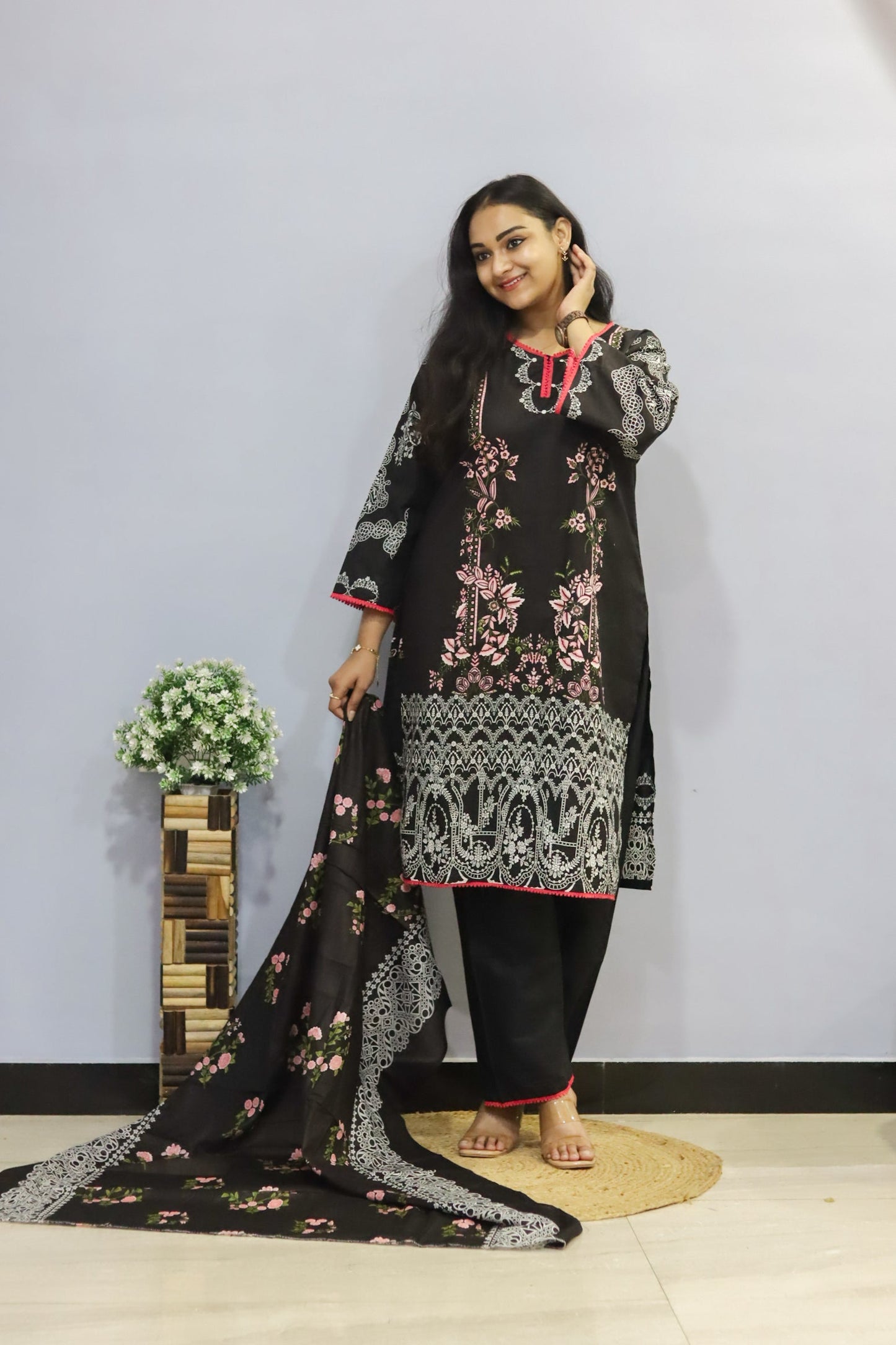Black Digital Print Lawn Cotton Kurti Pant Dupatta Set