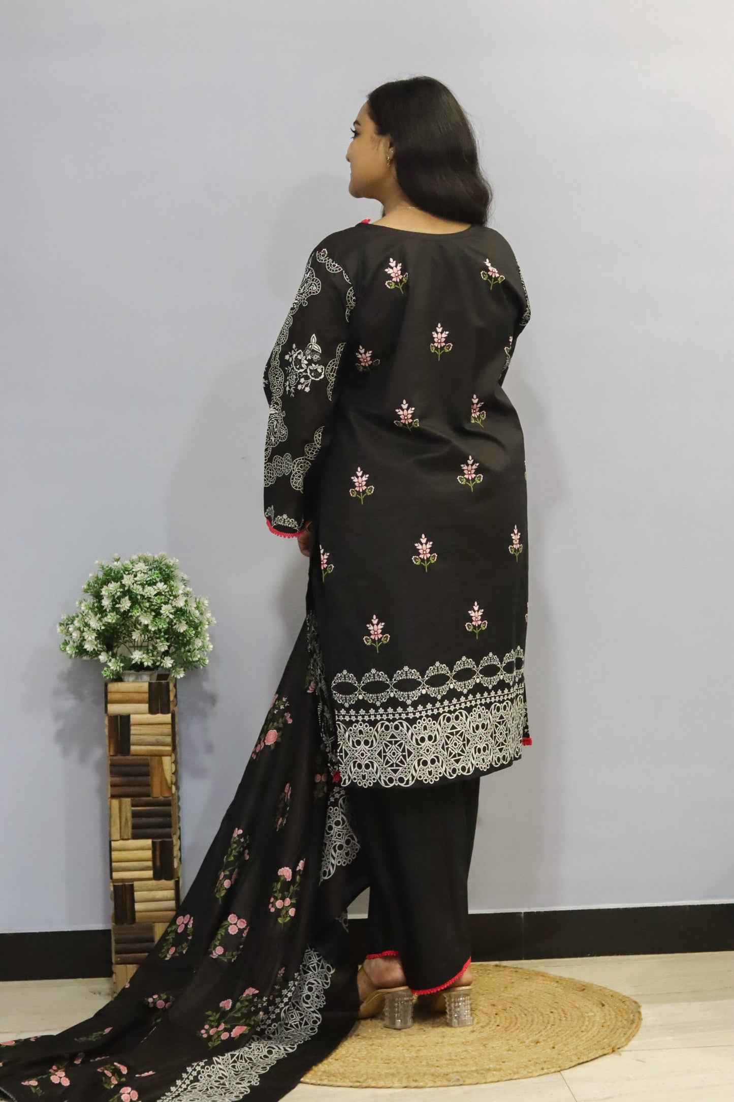 Black Digital Print Lawn Cotton Kurti Pant Dupatta Set