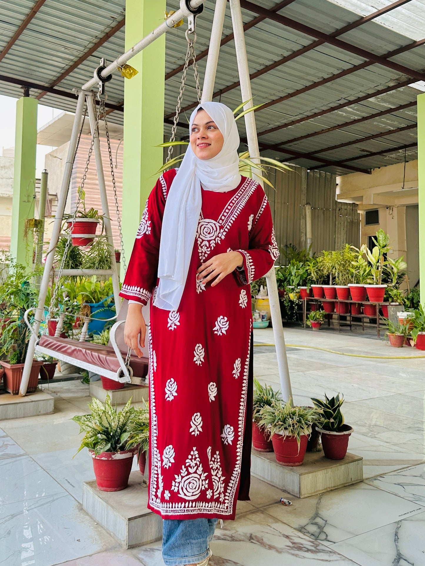 Maroon Rose desine   Embroidered Chikankari Kurti.