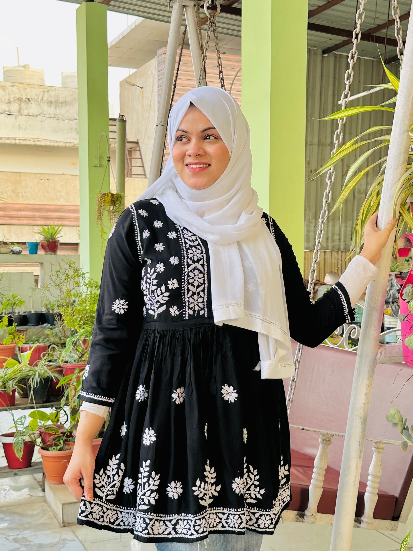 Black Rayon Beautiful Chikankari Short Kurti With  Adjustable Belt  For Women