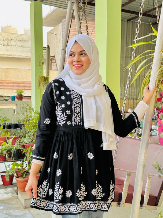 Black Rayon Beautiful Chikankari Short Kurti With  Adjustable Belt  For Women