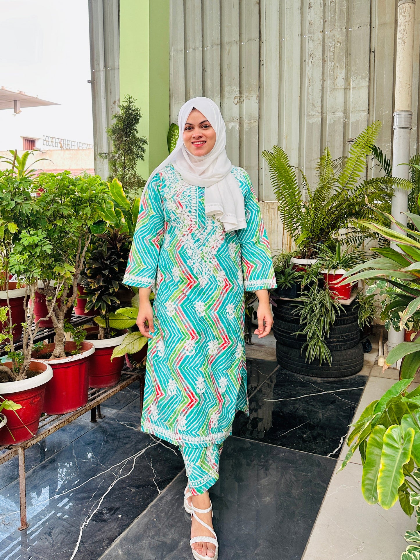 aqua green Mal lmal cotton kurti and pant set