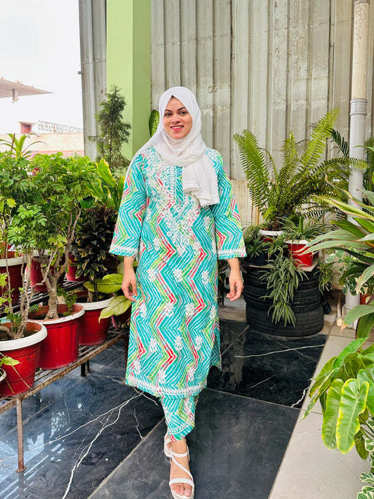 aqua green Mal lmal cotton kurti and pant set