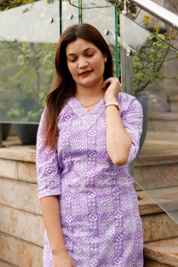 Lavender Color Jaipuri Cotton Kurti Pant Set