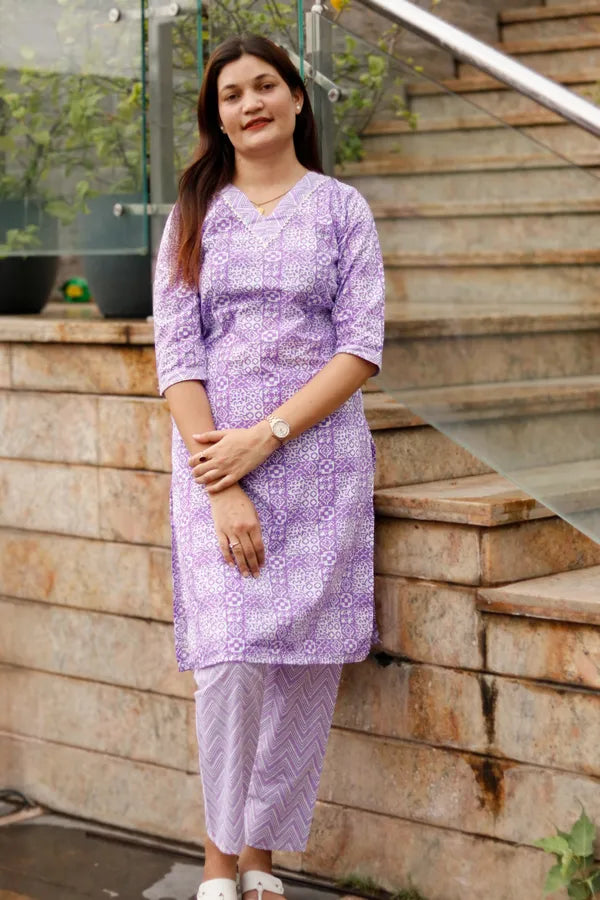 Lavender Color Jaipuri Cotton Kurti Pant Set
