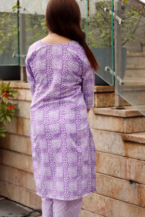 Lavender Color Jaipuri Cotton Kurti Pant Set