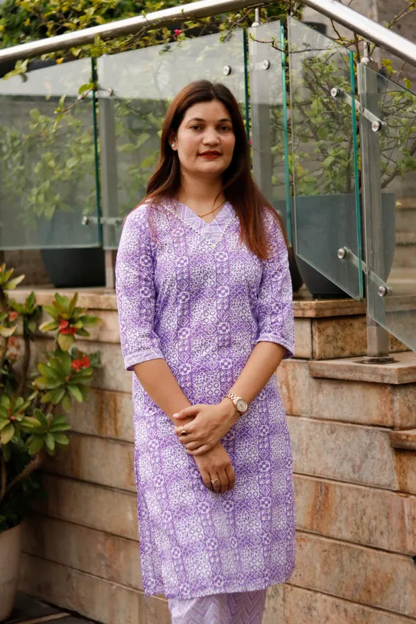 Lavender Color Jaipuri Cotton Kurti Pant Set