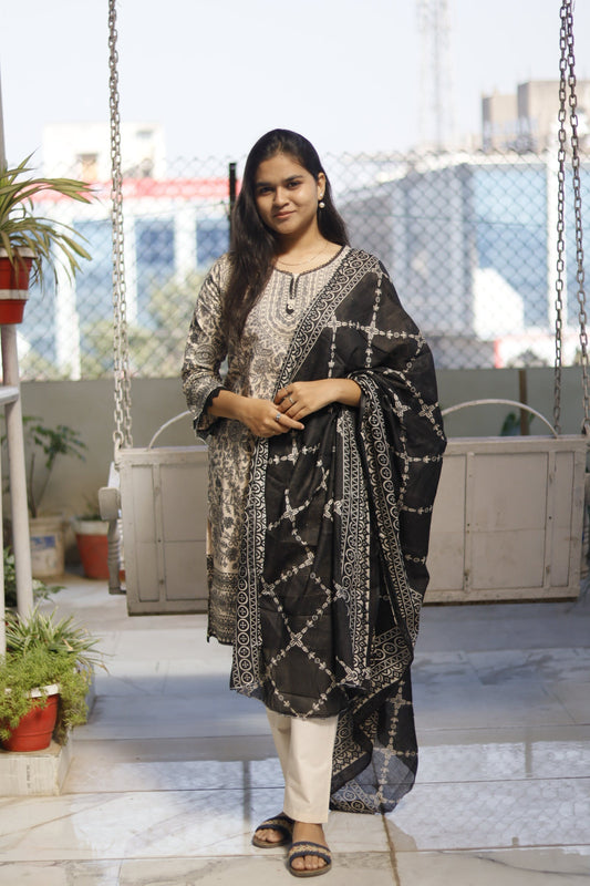 black and cream Digital Printed cotton kurta pant dupatta set