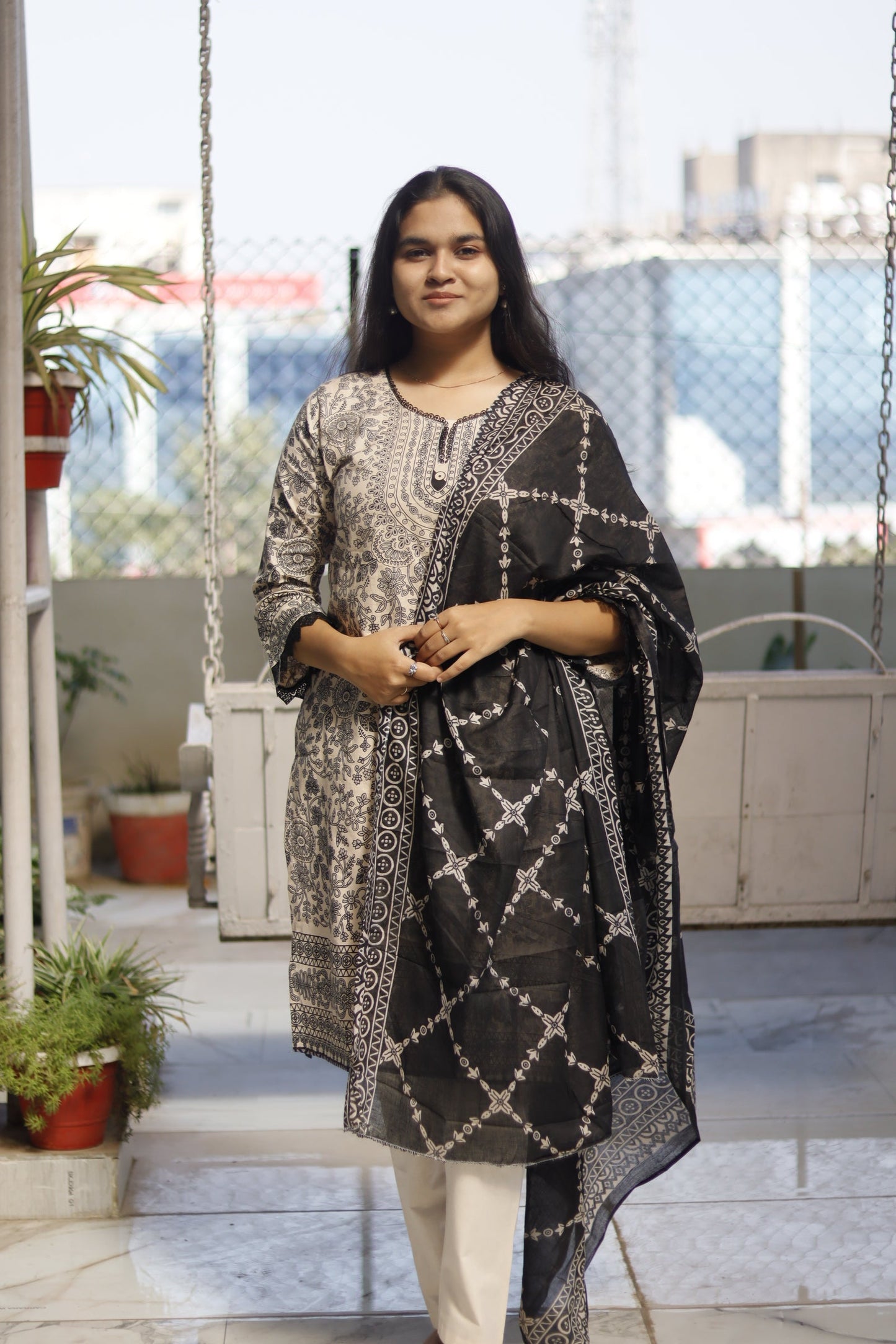 black and cream Digital Printed cotton kurta pant dupatta set