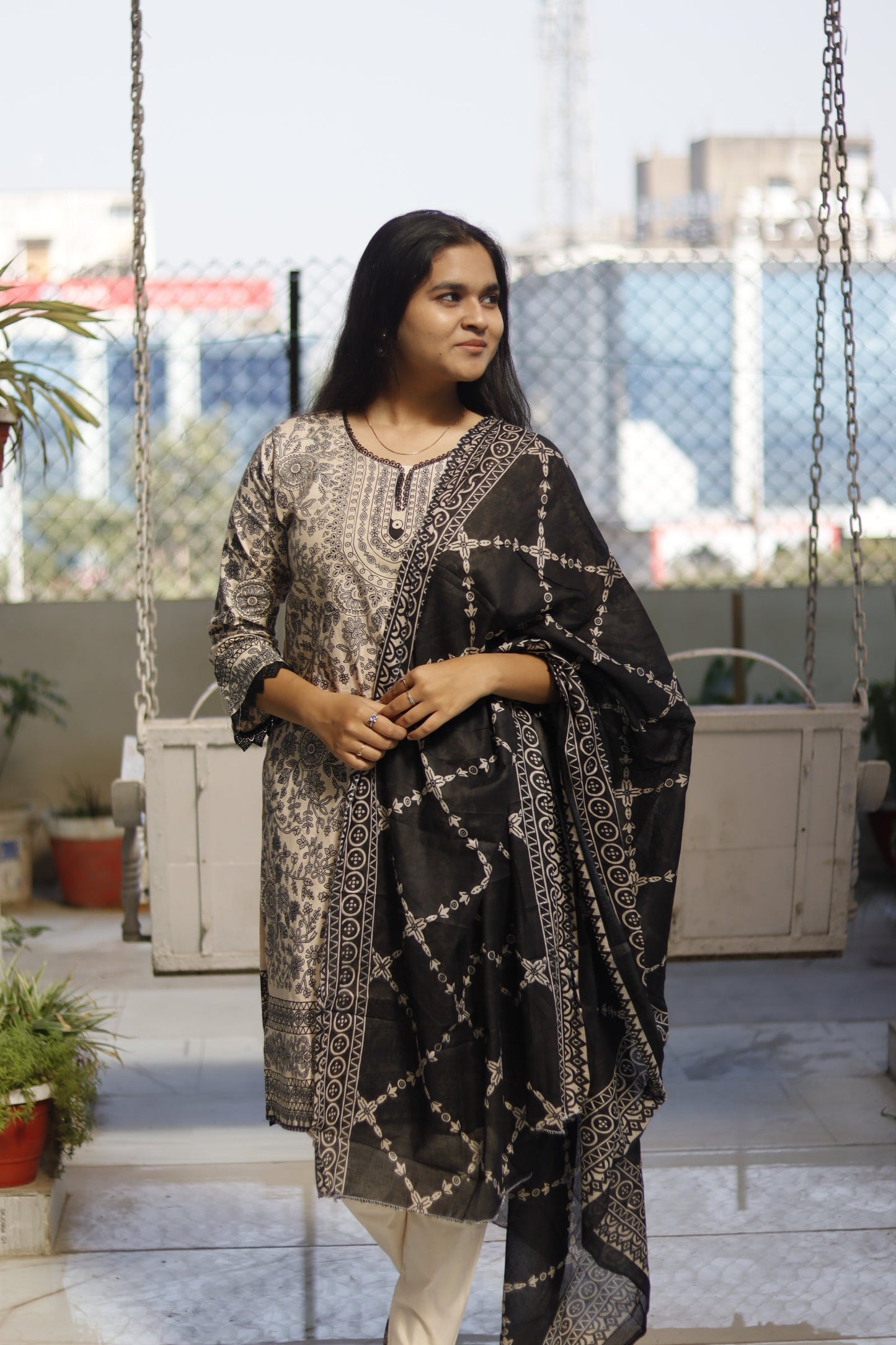 black and cream Digital Printed cotton kurta pant dupatta set