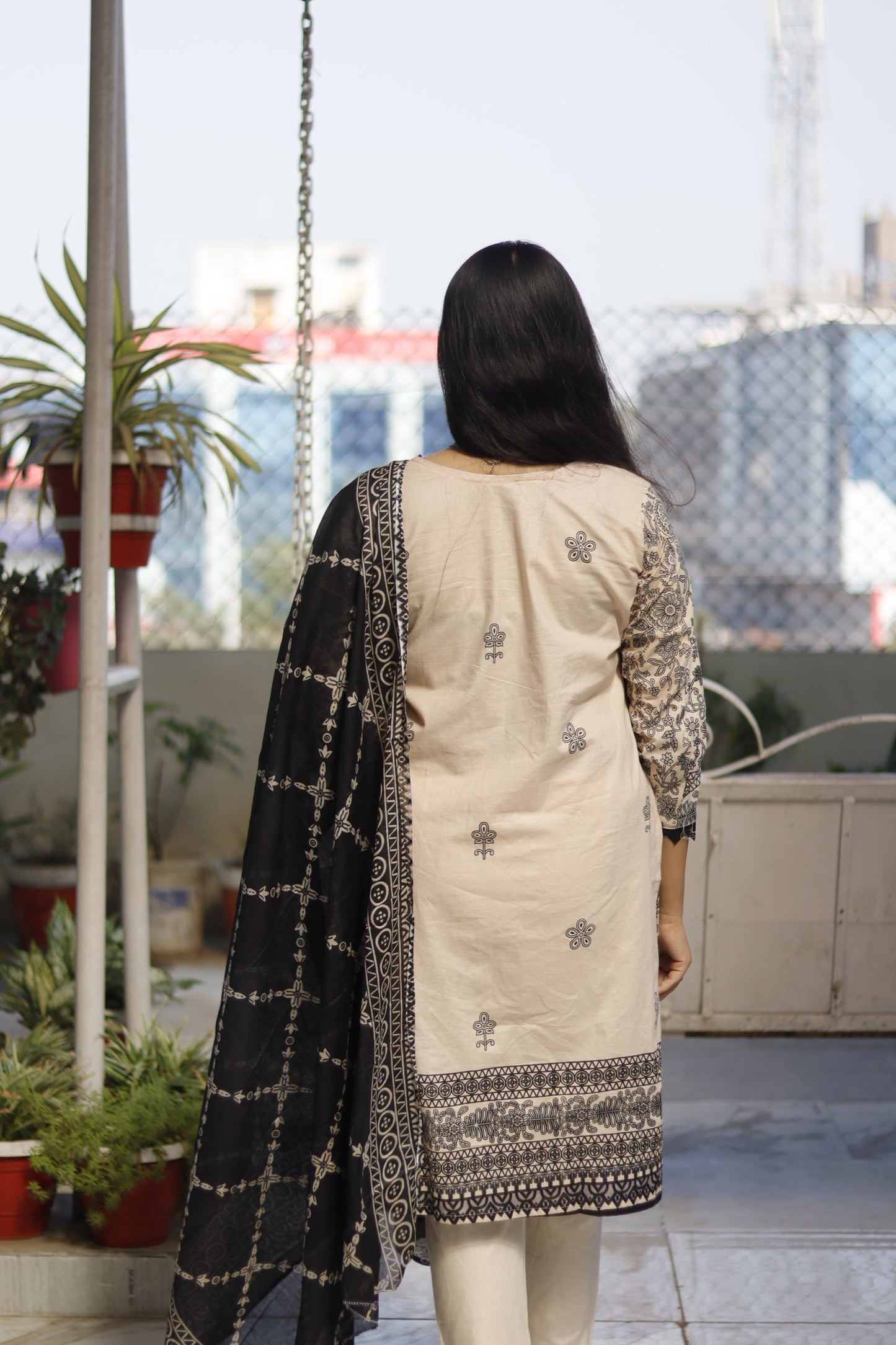 black and cream Digital Printed cotton kurta pant dupatta set