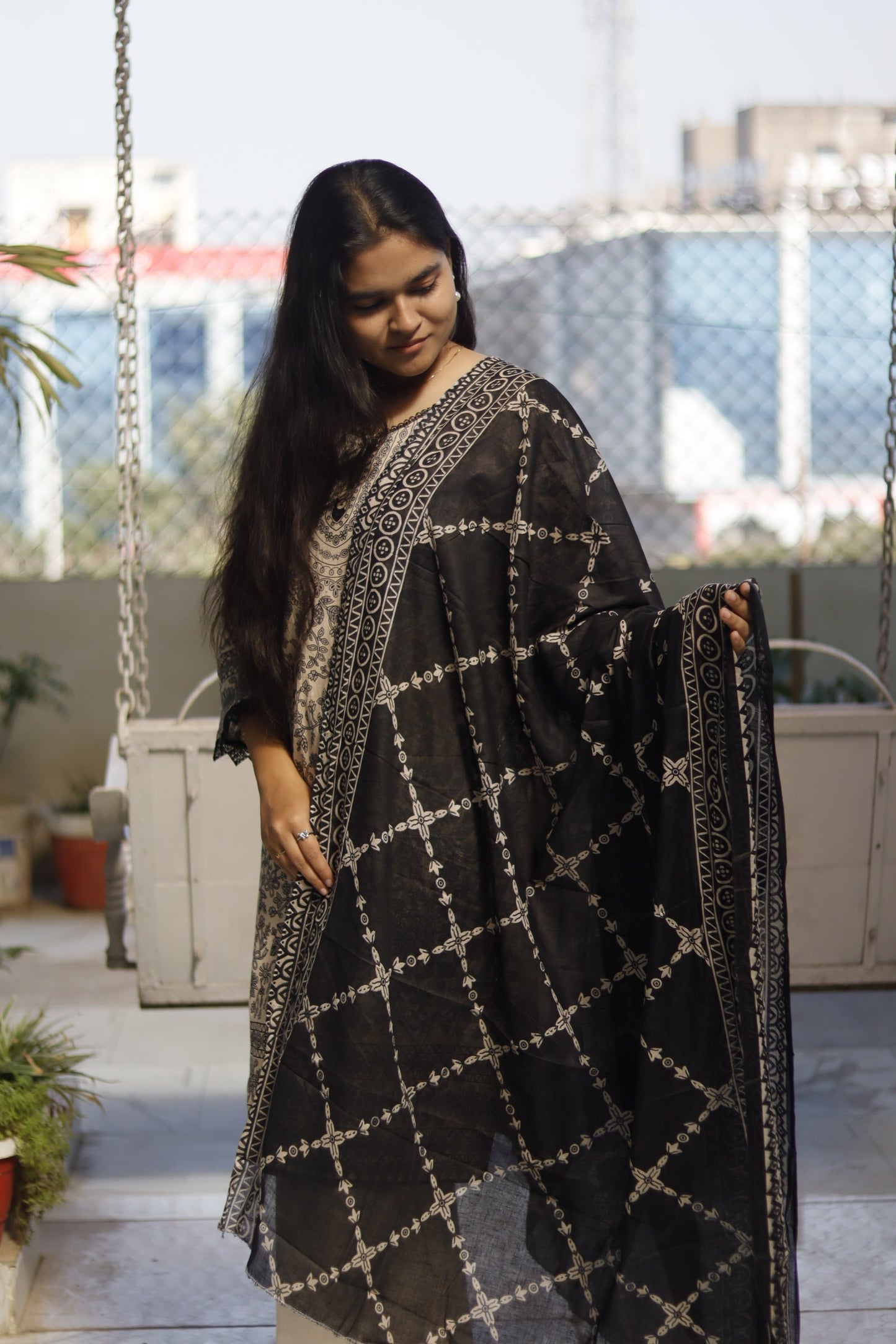 black and cream Digital Printed cotton kurta pant dupatta set