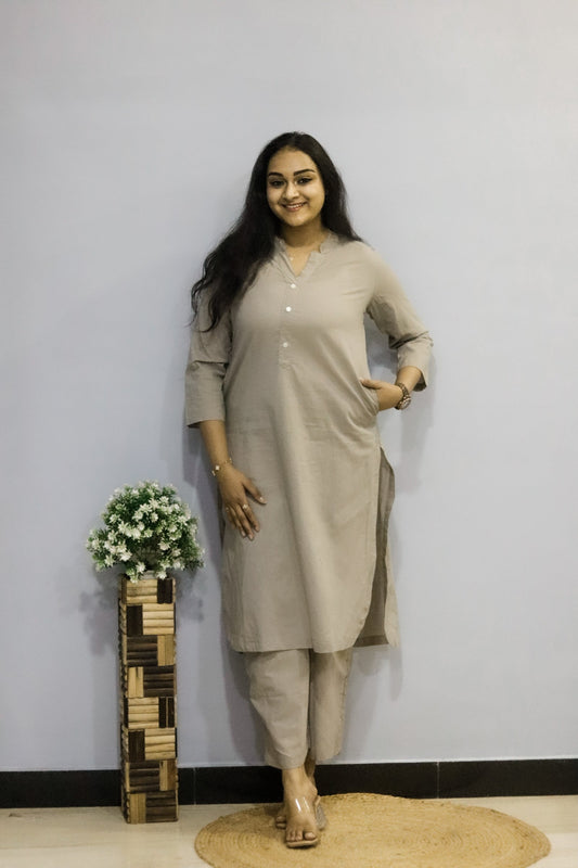 Grey pure cotton kurti pant cord set with pocket for working women