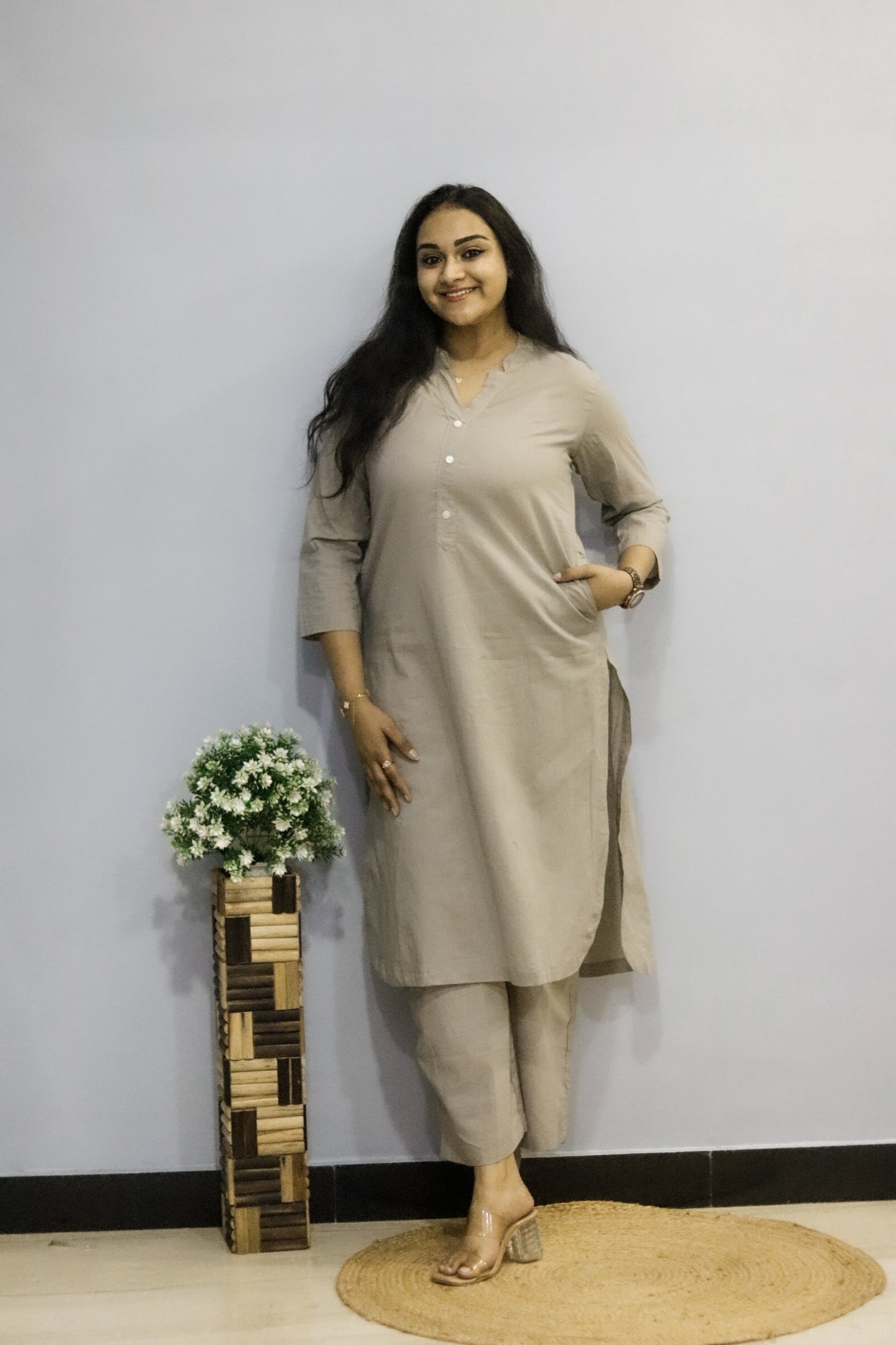 Grey pure cotton kurti pant cord set with pocket for working women
