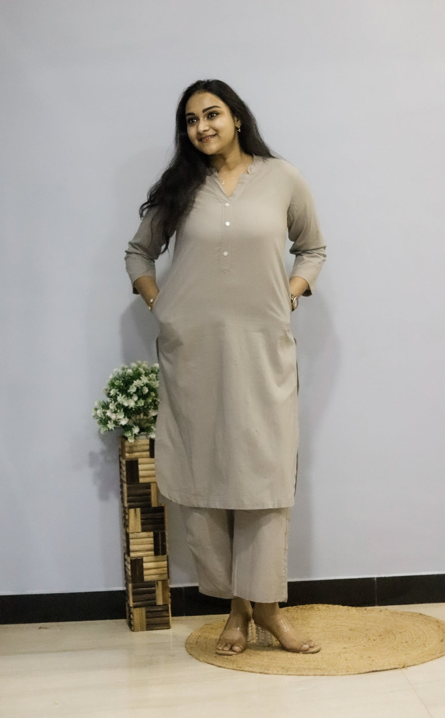 Grey pure cotton kurti pant cord set with pocket for working women