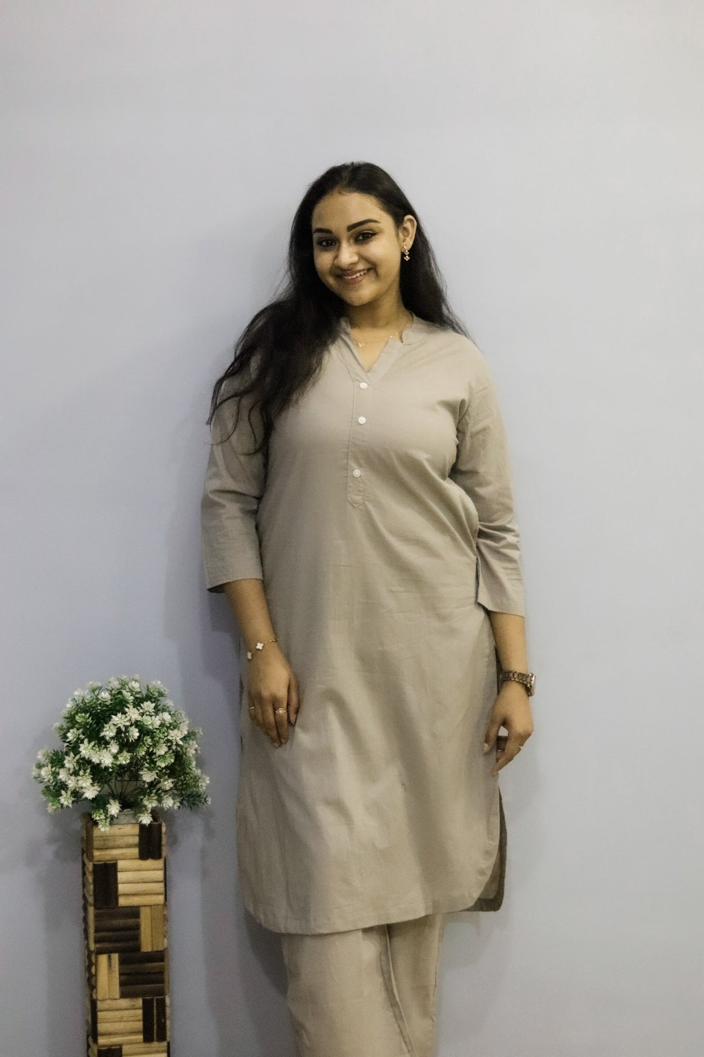 Grey pure cotton kurti pant cord set with pocket for working women