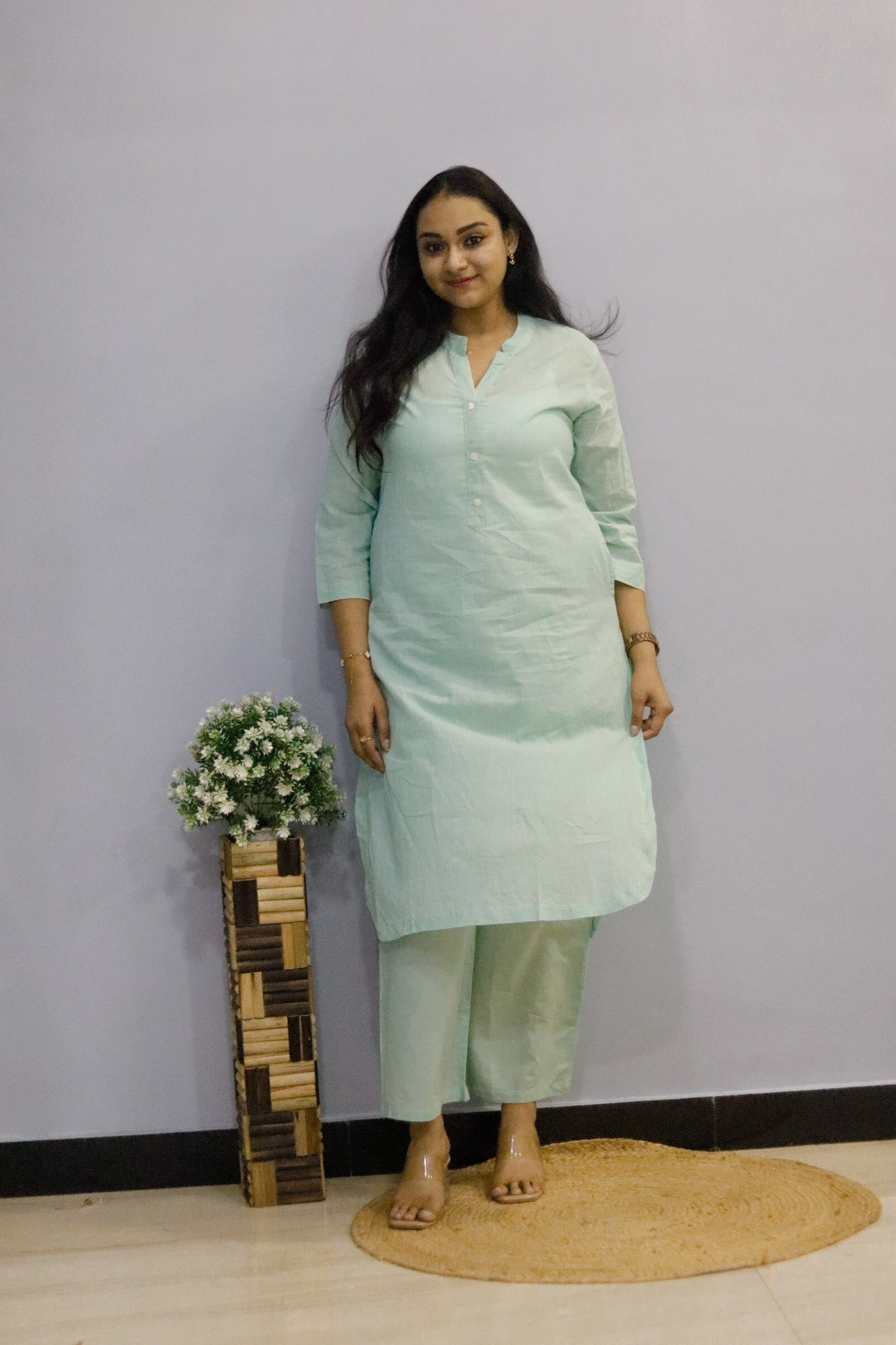 Pista Green pure cotton kurti pant cord set with pocket for working women