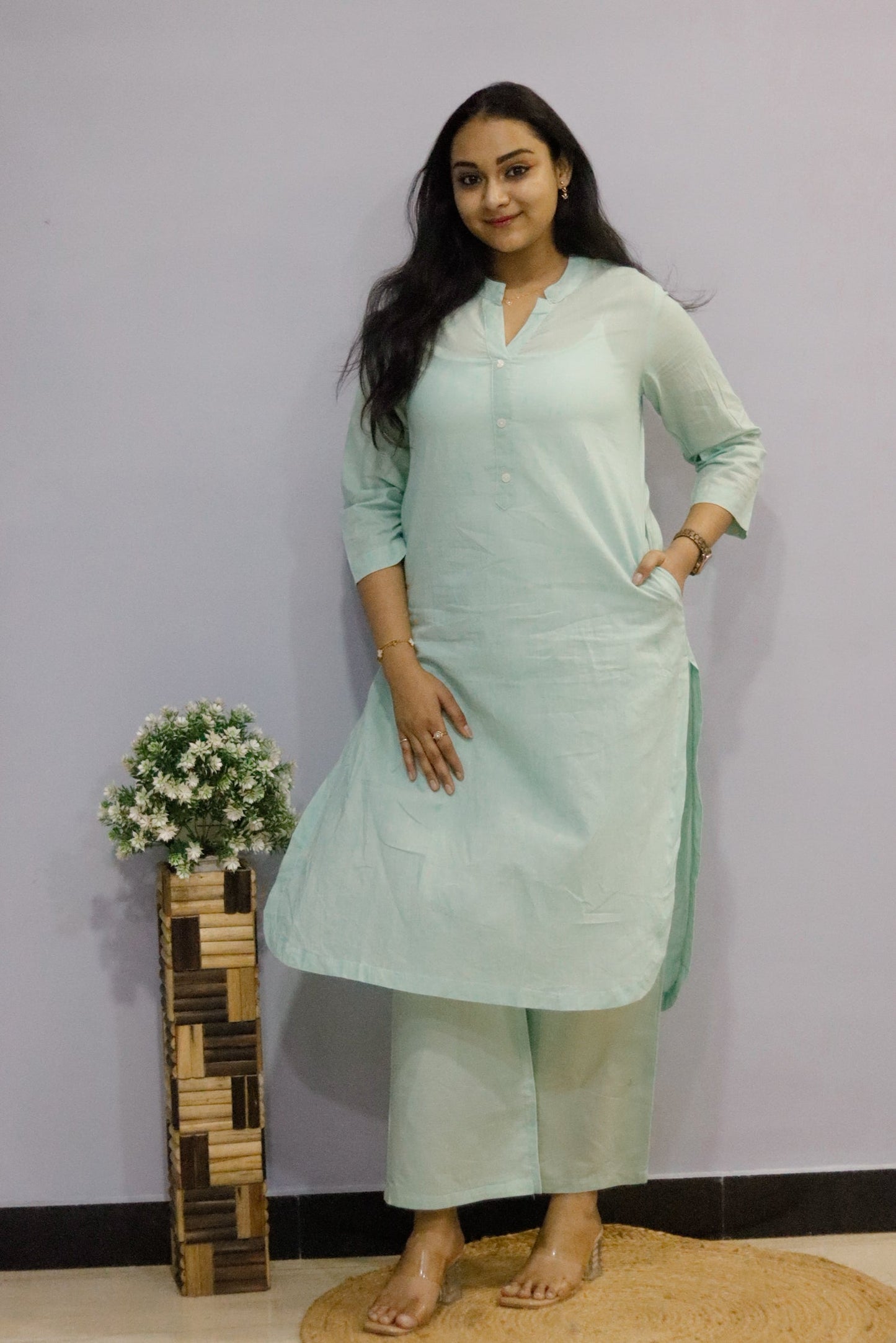 Pista Green pure cotton kurti pant cord set with pocket for working women