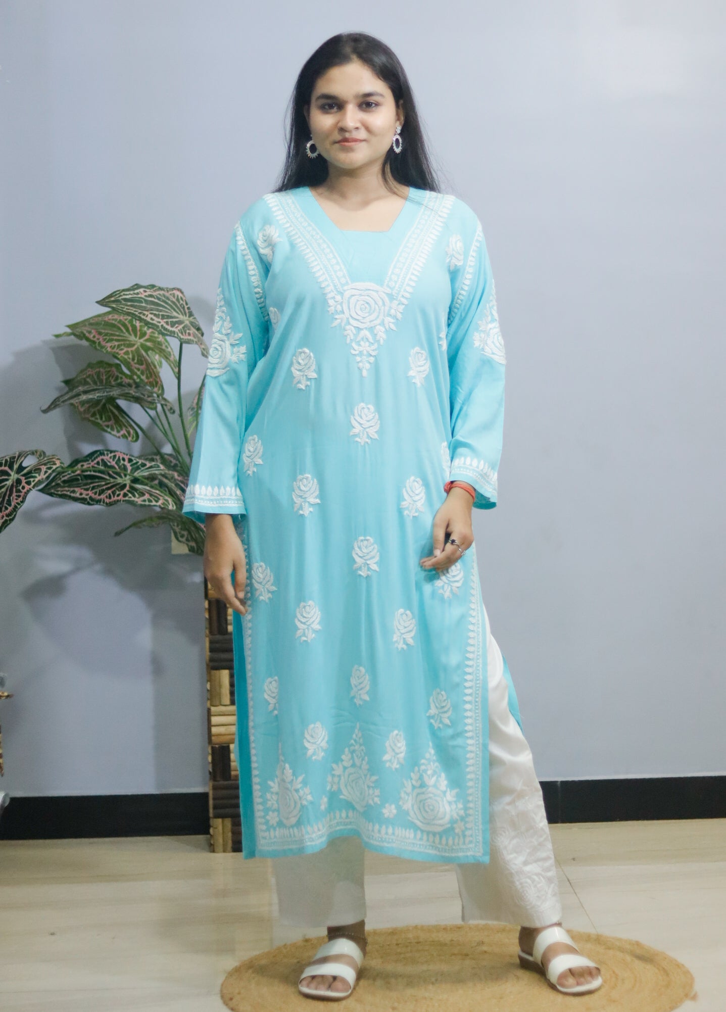 Sky Blue Rose desine  Embroidered Chikankari Kurti.