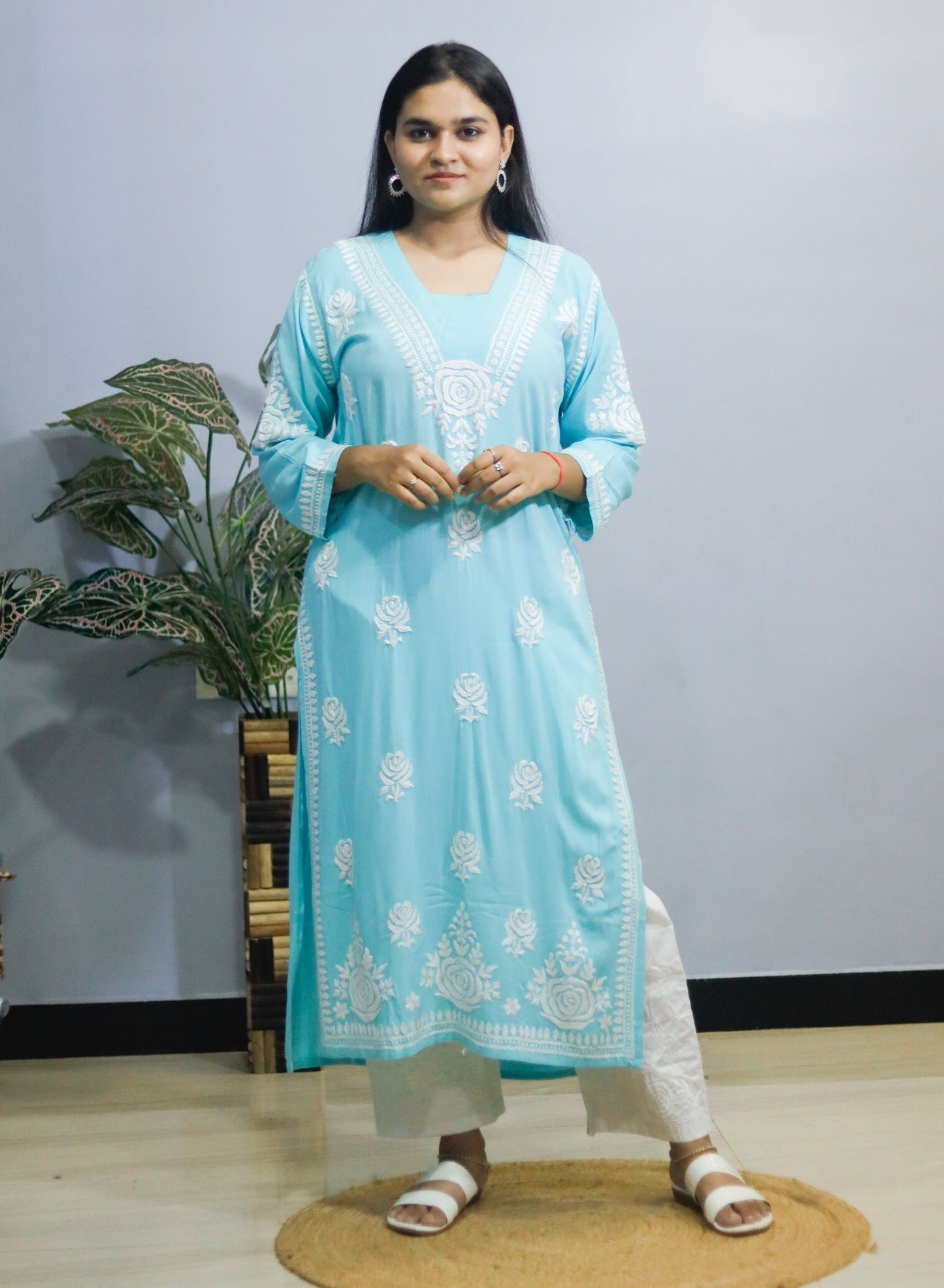Sky Blue Rose desine  Embroidered Chikankari Kurti.