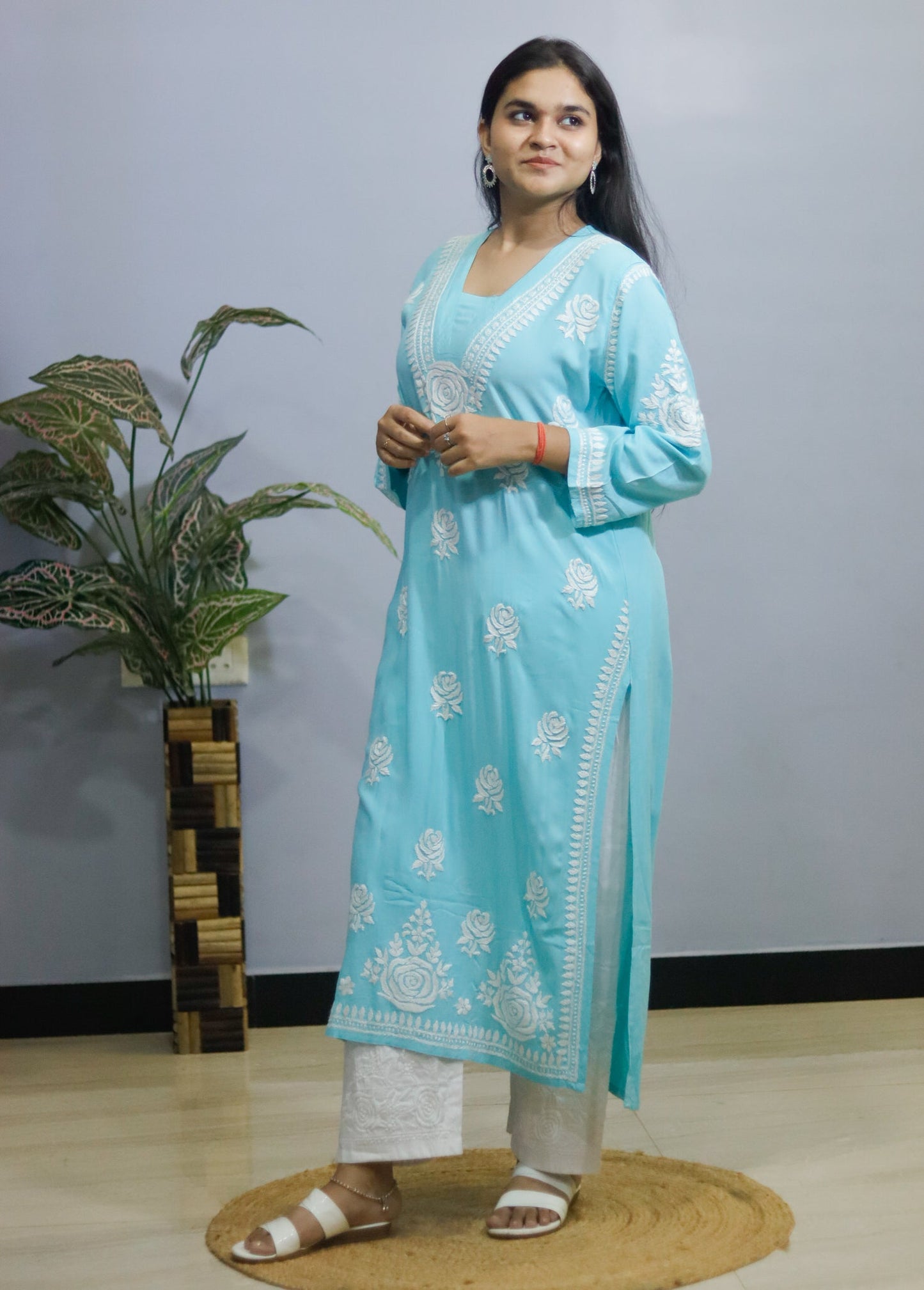 Sky Blue Rose desine  Embroidered Chikankari Kurti.