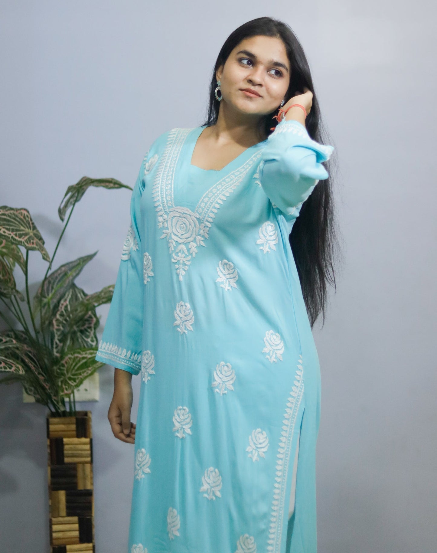 Sky Blue Rose desine  Embroidered Chikankari Kurti.