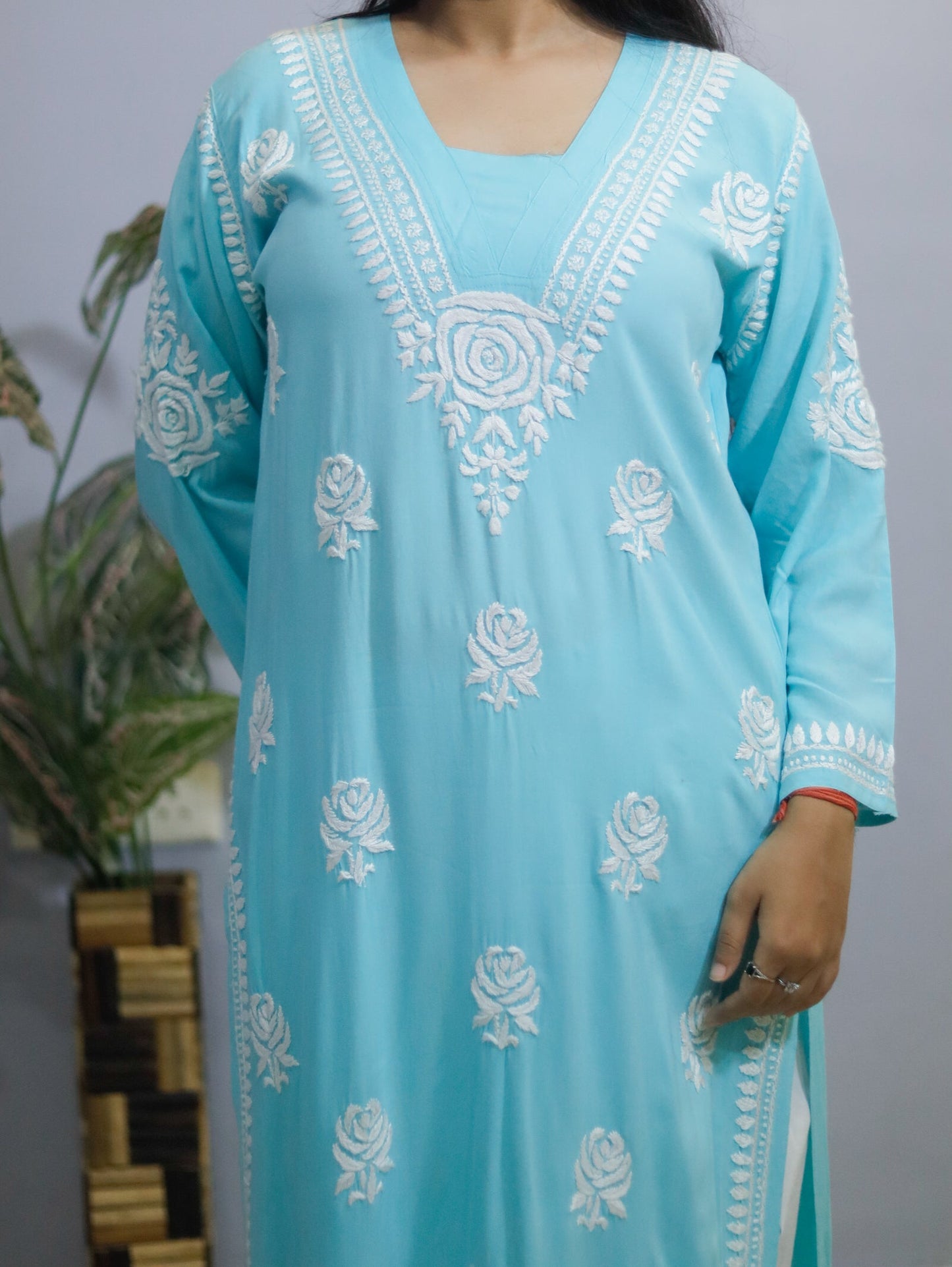 Sky Blue Rose desine  Embroidered Chikankari Kurti.