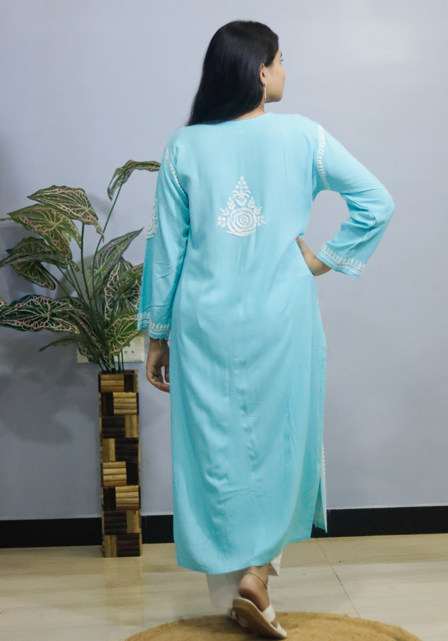 Sky Blue Rose desine  Embroidered Chikankari Kurti.