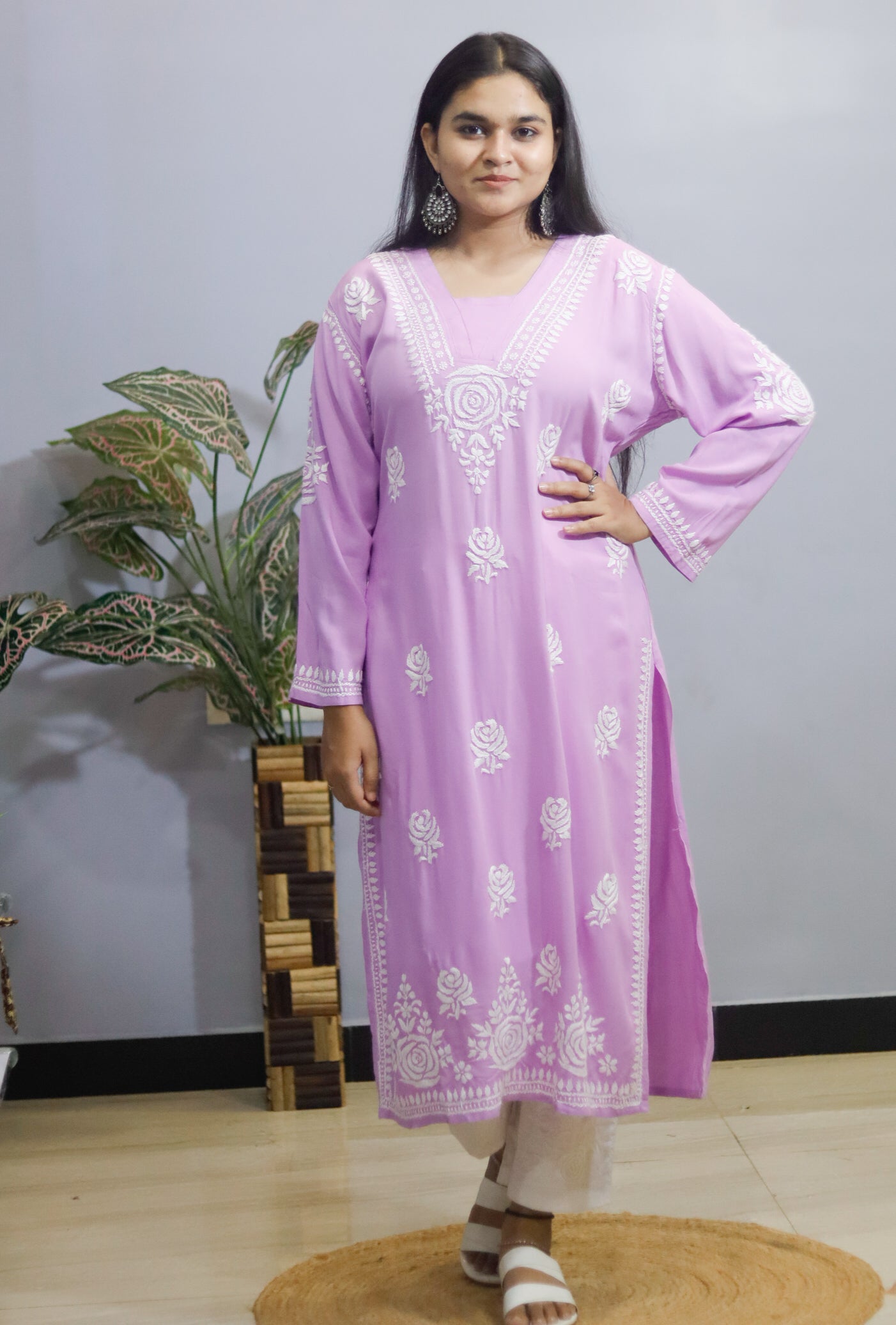 Lavender Rose Embroidered Chikankari Kurti.