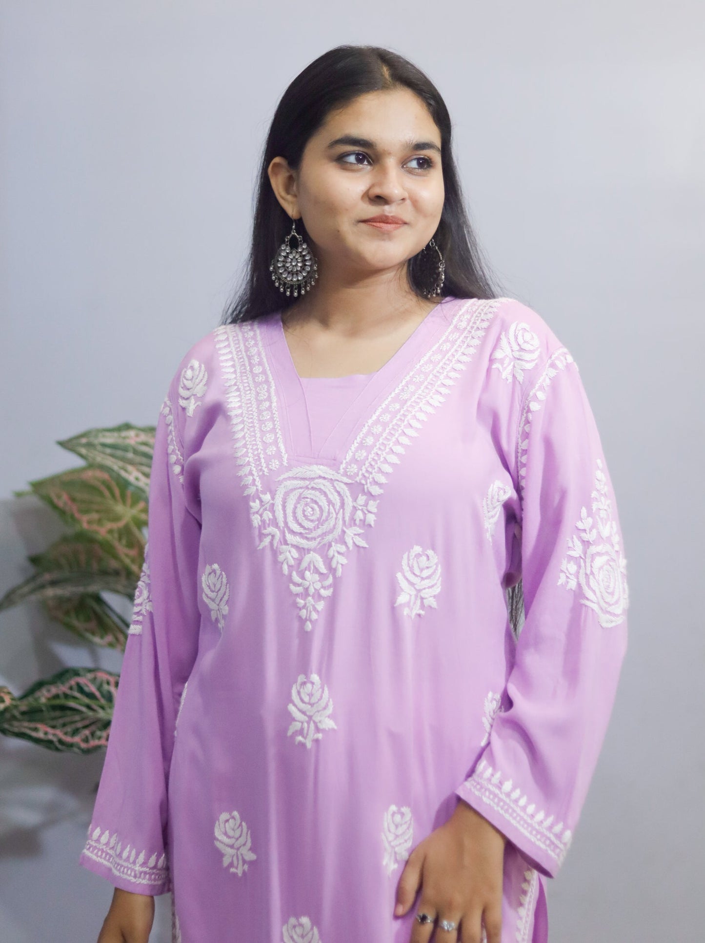 Lavender Rose Embroidered Chikankari Kurti.