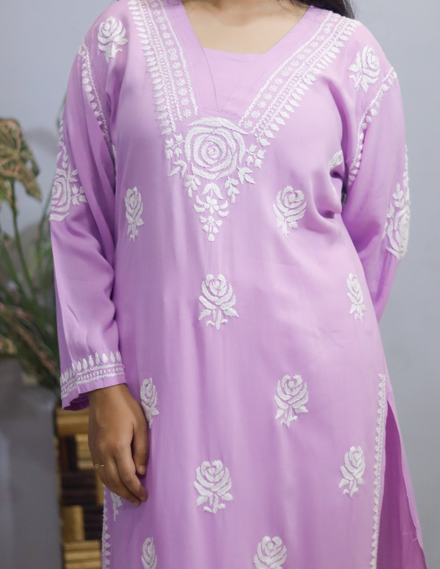 Lavender Rose Embroidered Chikankari Kurti.
