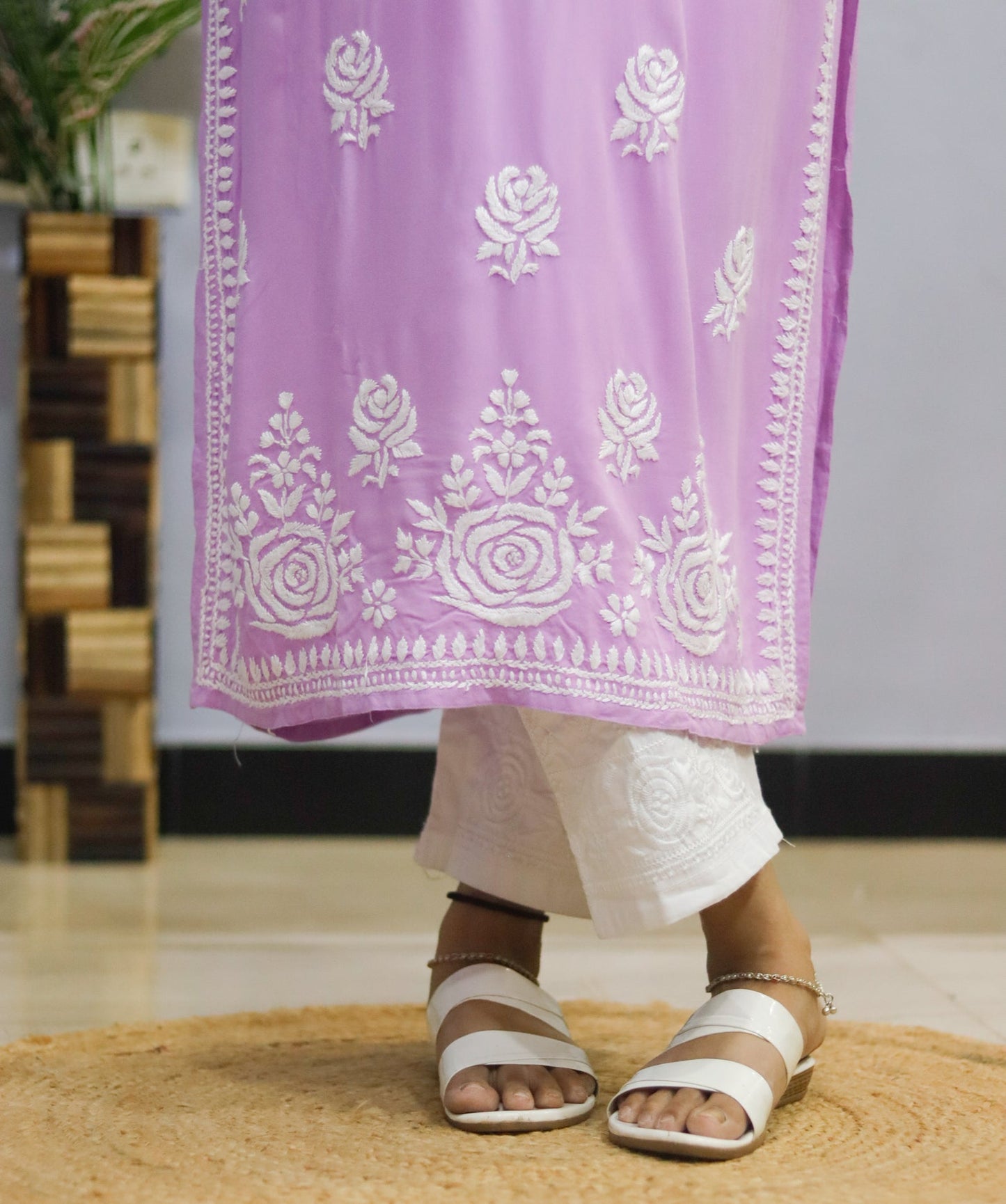 Lavender Rose Embroidered Chikankari Kurti.