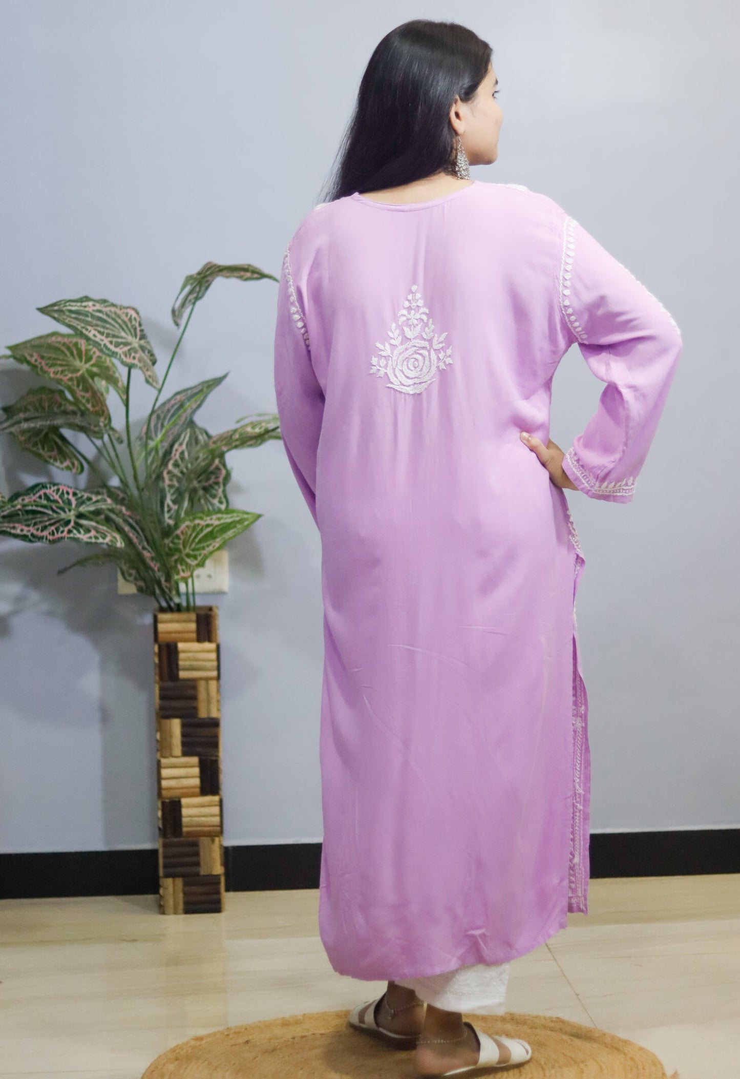 Lavender Rose Embroidered Chikankari Kurti.