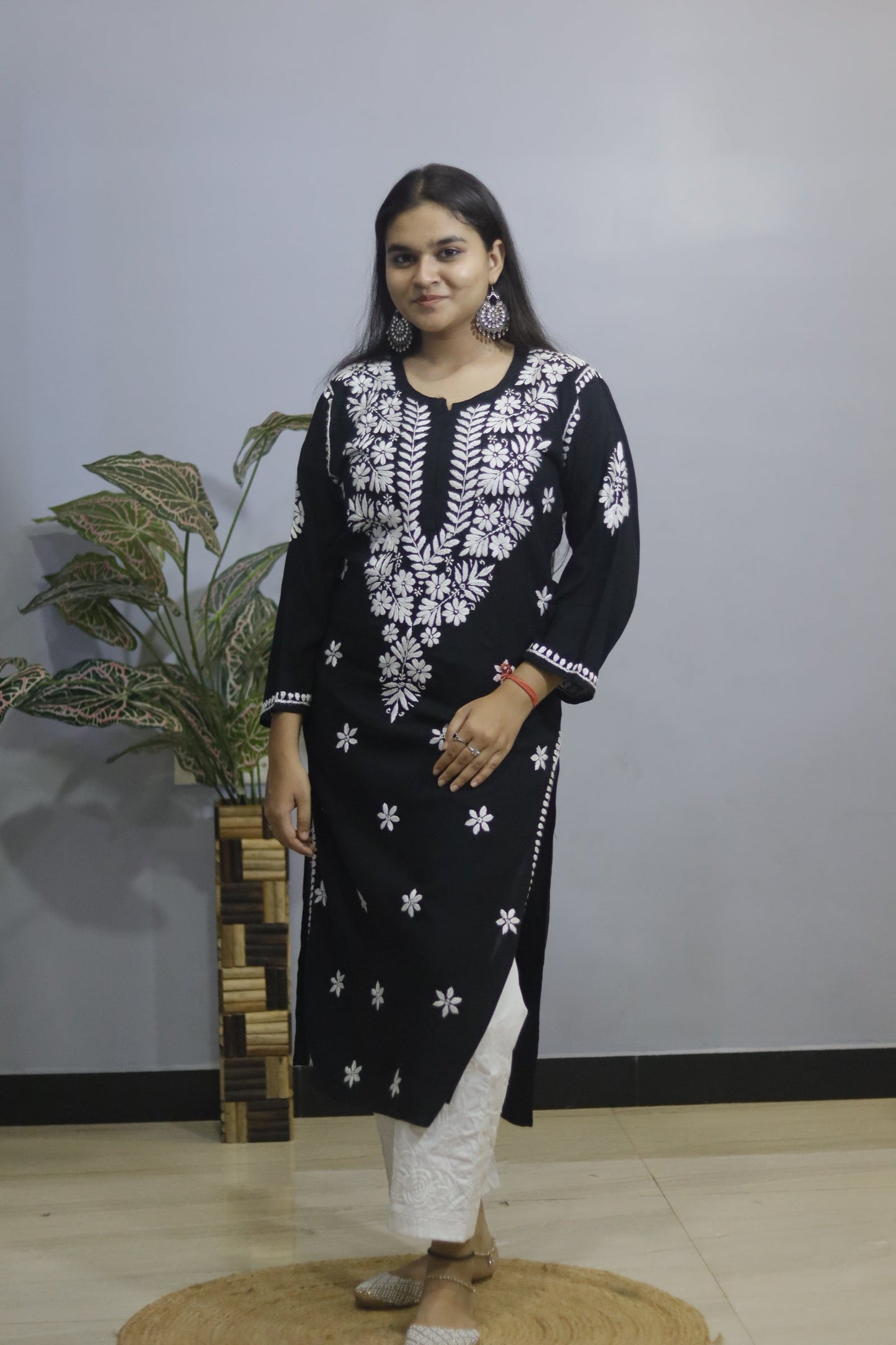 Black Hand-Embroidered Simple Rayon  Chikankari Kurti.