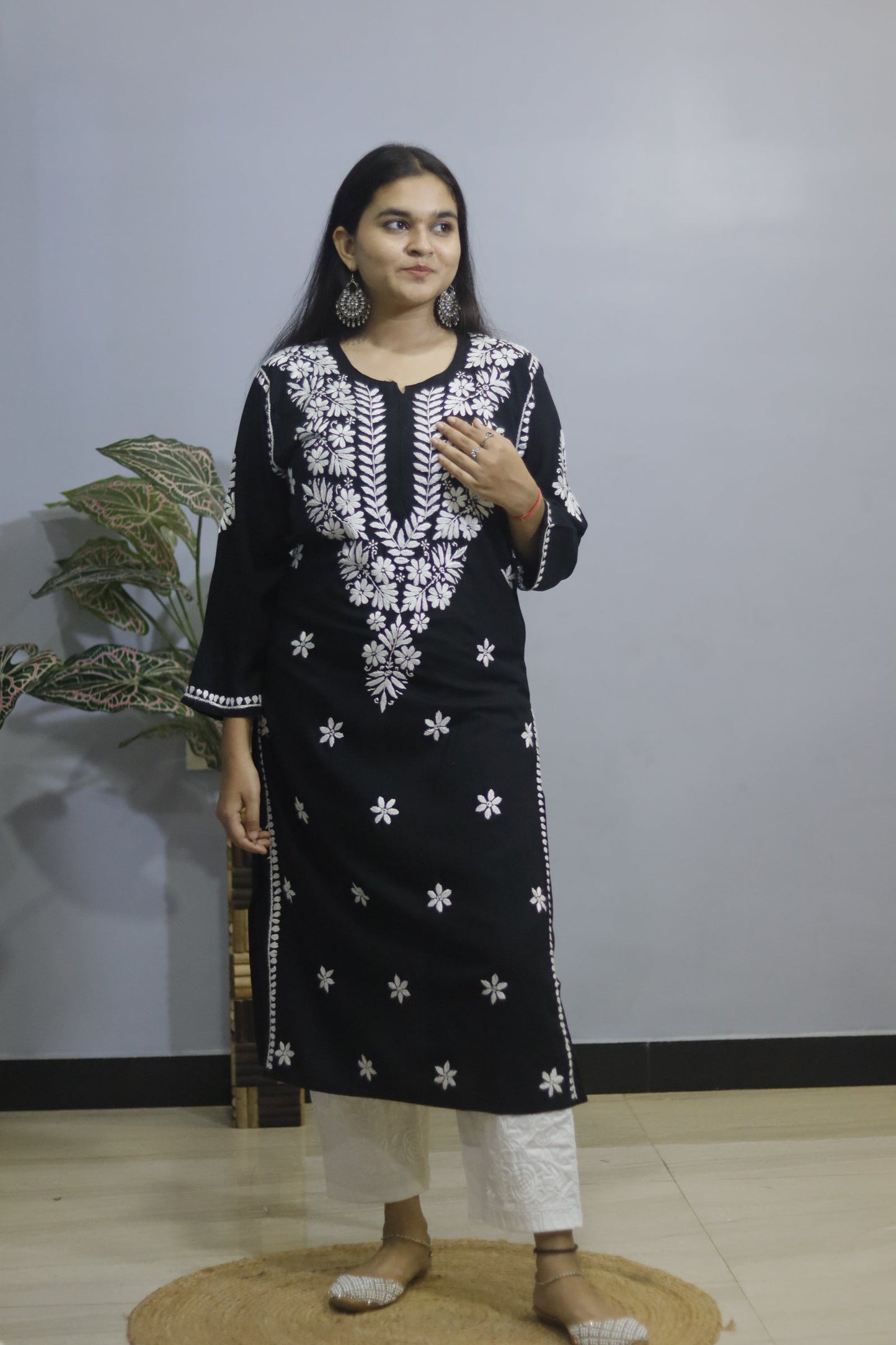 Black Hand-Embroidered Simple Rayon  Chikankari Kurti.