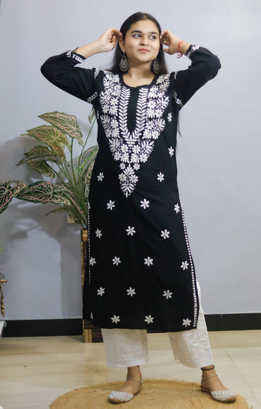 Black Hand-Embroidered Simple Rayon  Chikankari Kurti.