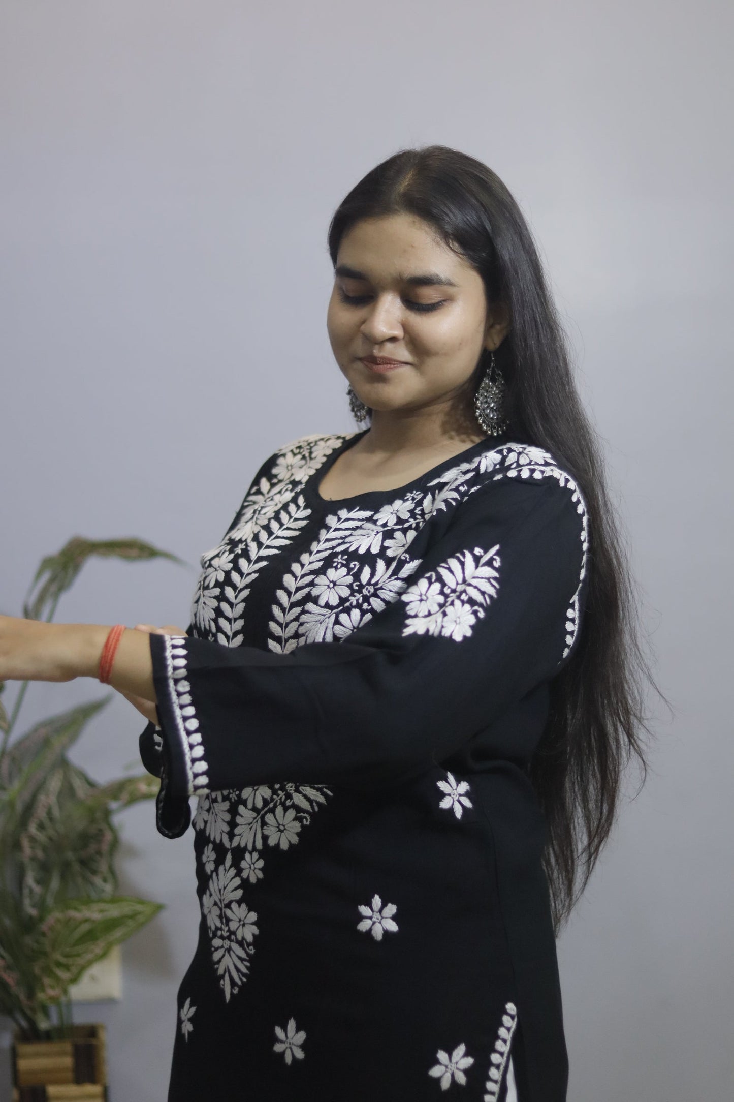 Black Hand-Embroidered Simple Rayon  Chikankari Kurti.