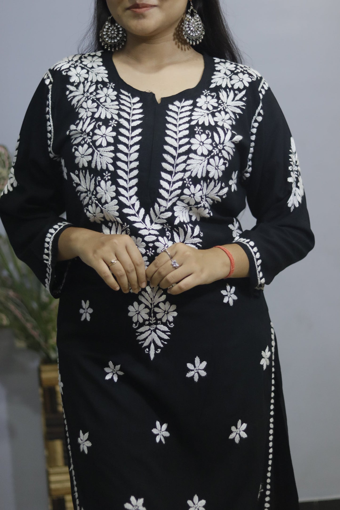 Black Hand-Embroidered Simple Rayon  Chikankari Kurti.