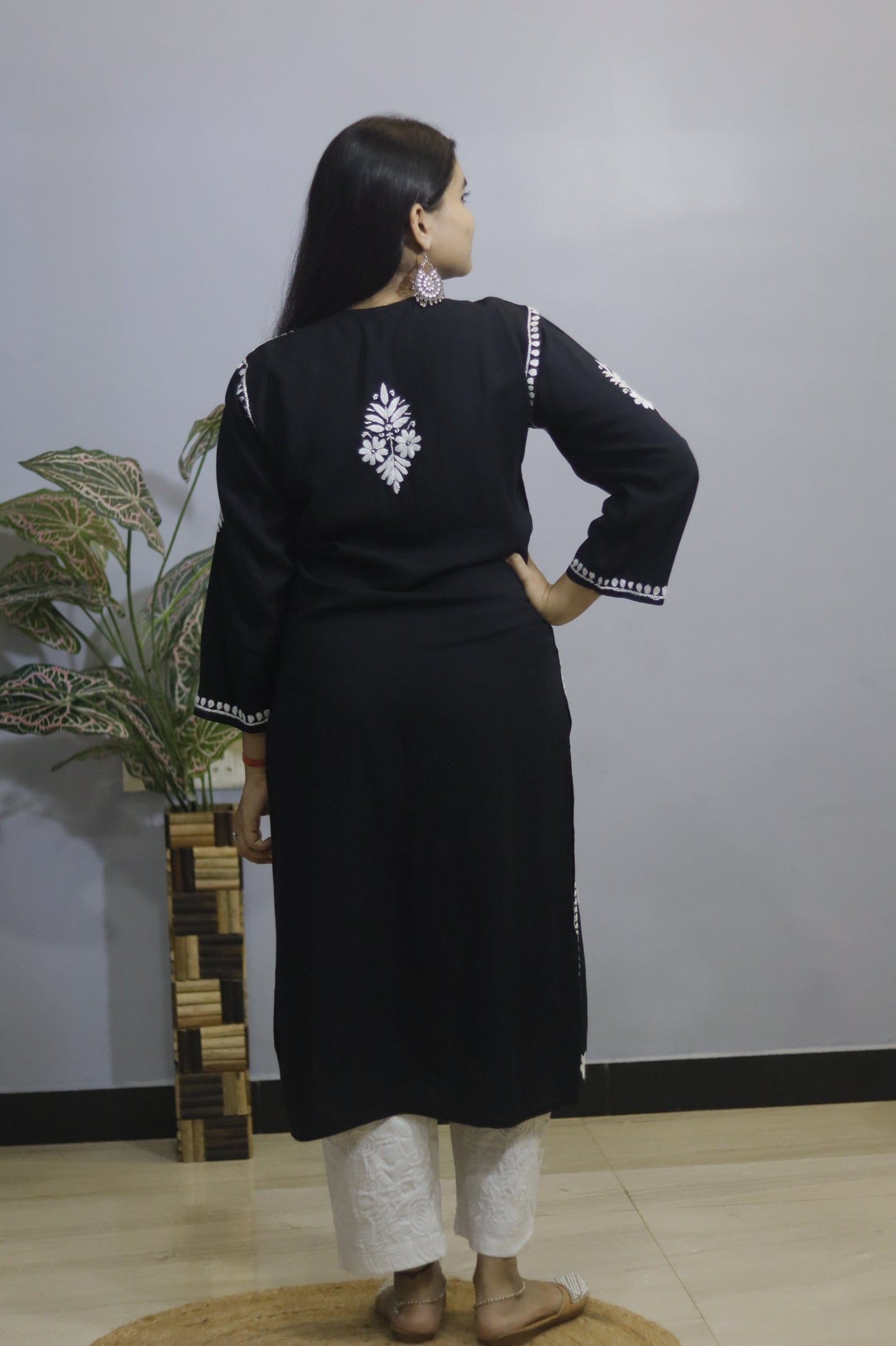 Black Hand-Embroidered Simple Rayon  Chikankari Kurti.
